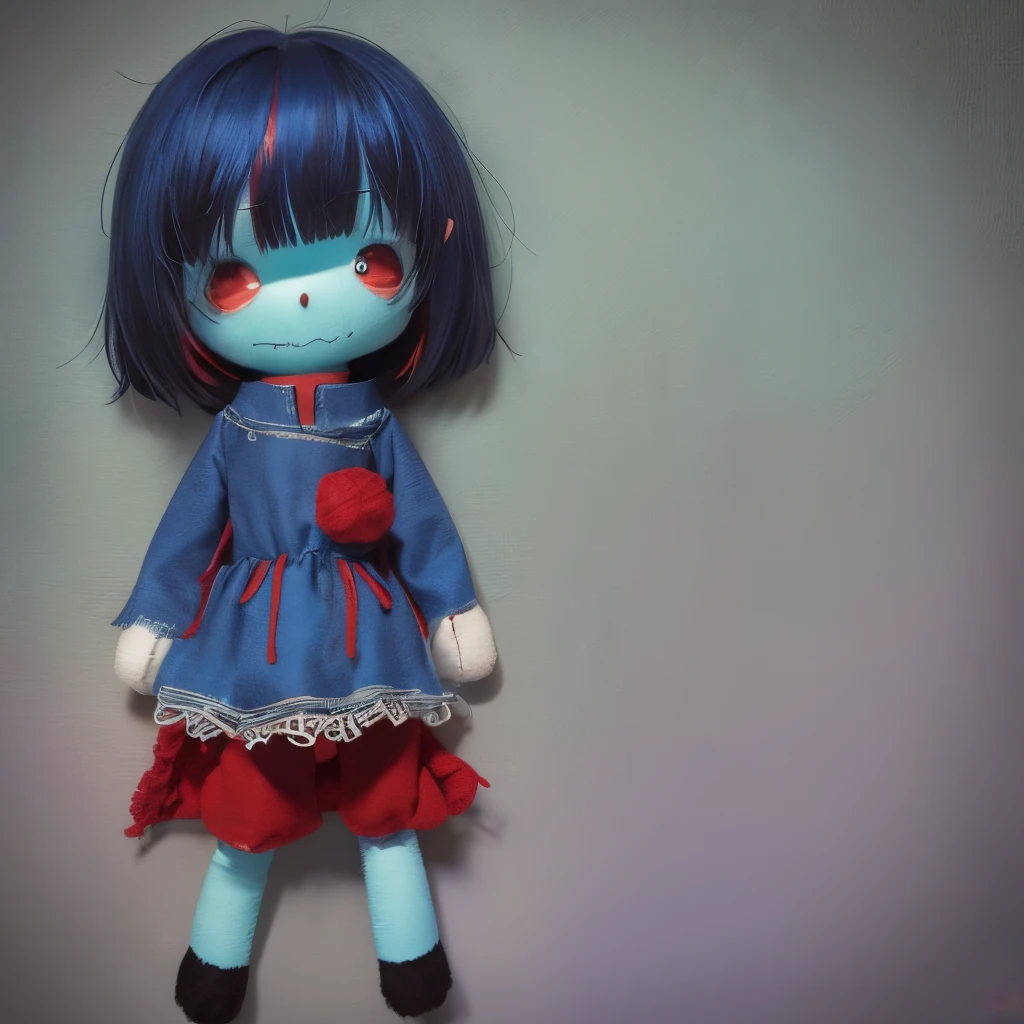 Plush toy, Rag toy, Sewn cloth mouth, Blue fabric sewn with threads, red eyes, blue skin, black hair, dress, creepy plush