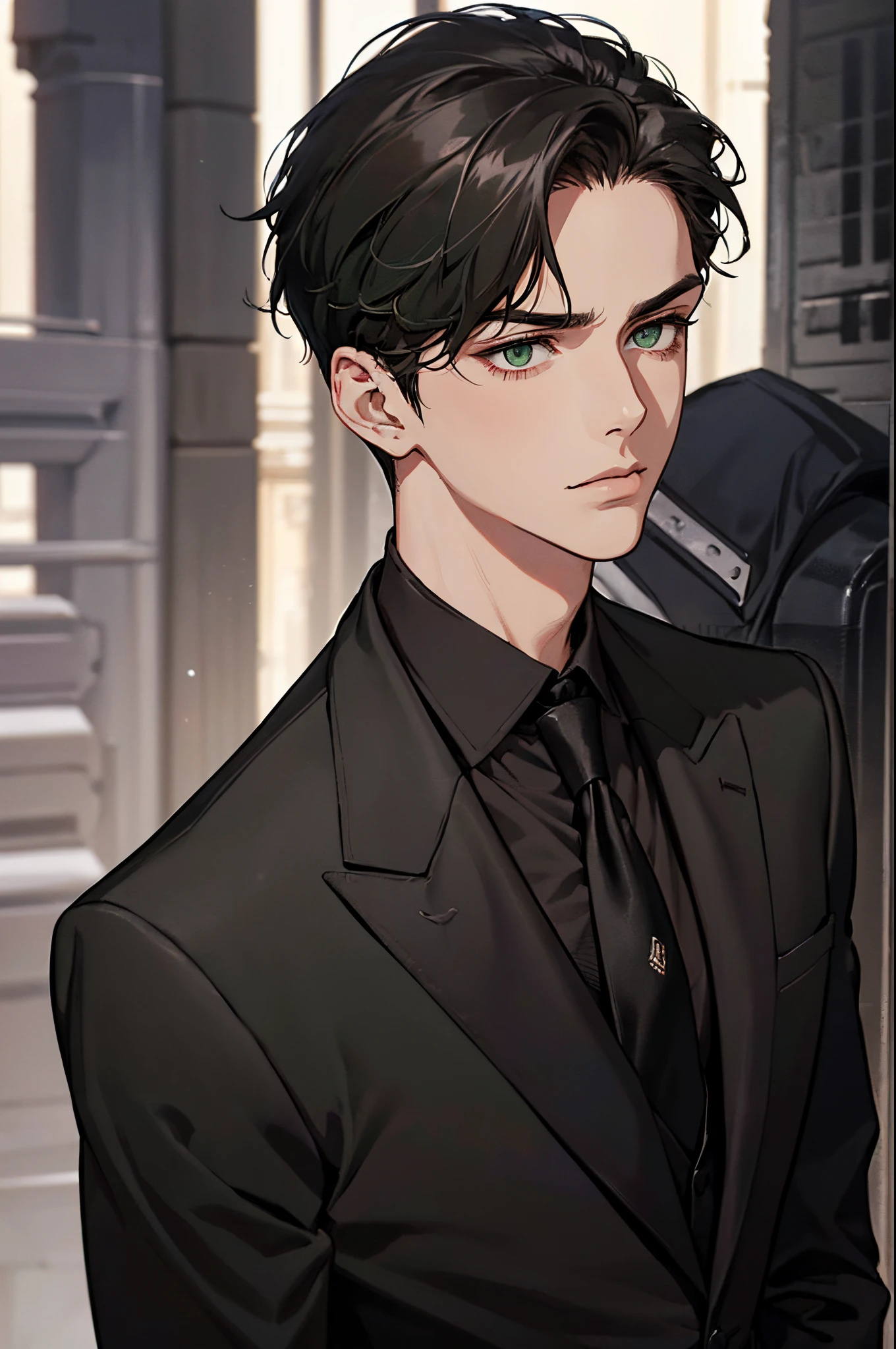 ((a young man in a black suit and tie)), taken in the early 2020s, gotham, alejandro, he looks very sophisticated, ((one side left swept neat black short hair)), (dark green eyes), look serious. ((20 years old)), ((Black suite and black tie))