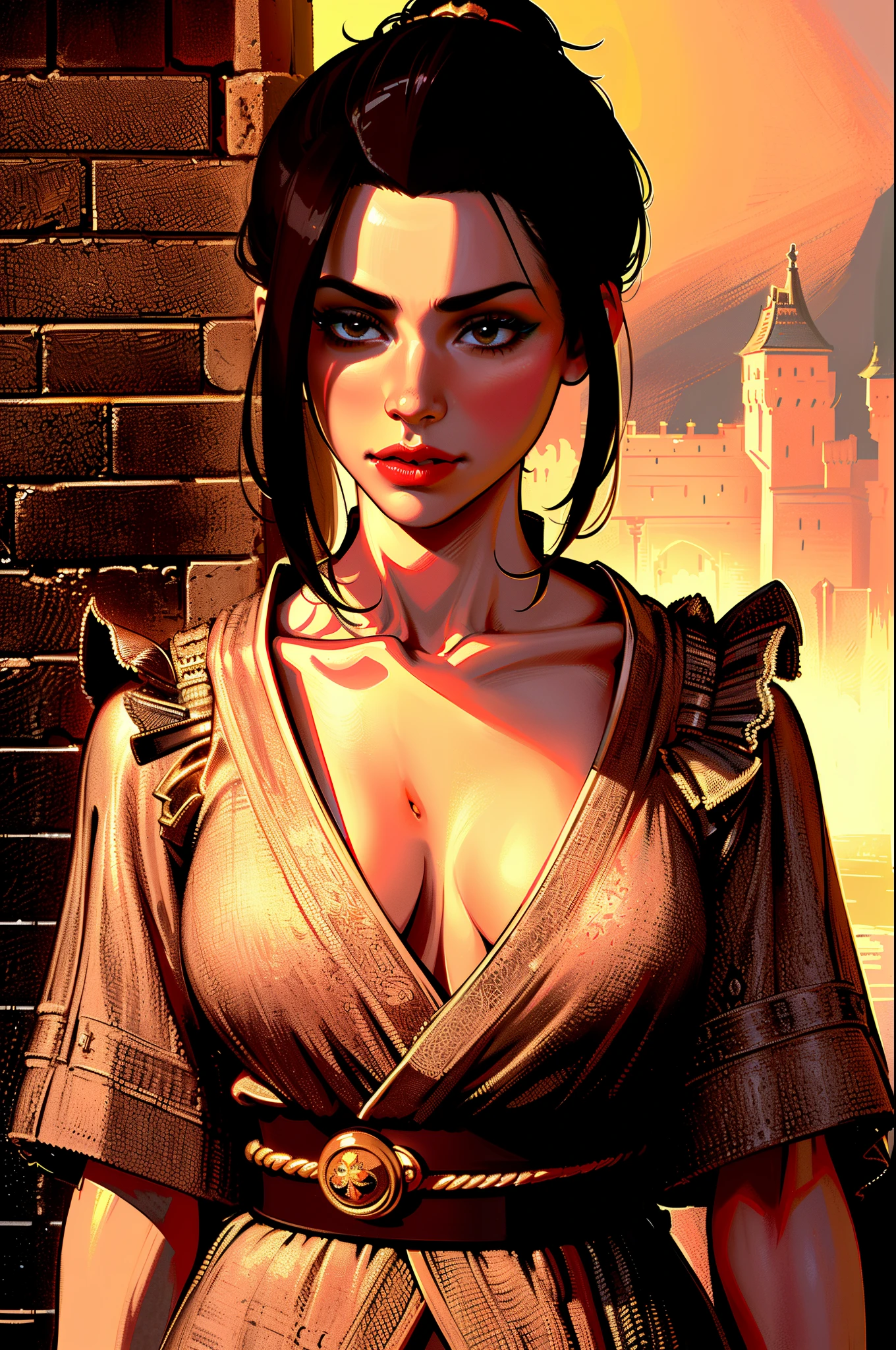 ultra-realistic 8k CG, masterpiece, ((ultra detailed background, fine drawing, intricate details, high detail, fine details of better quality, hyper-detailed face)), (photorealistic: 1.4), beautiful lighting, absurdity, RAW photo, film grain, Azula, 1girl, solo, black hair, brown eyes, makeup, lipstick, red lips, single tuft of hair, navel, side strands, hair decoration, ((medium breasts, slim girl, on the chest,  a lot of,, on the face)), ((unbuttoned kimono)), ((complex detailed background, inside, dim lighting, capricious lighting, inside the castle, castle wall, inside, medieval castle environment)), erotica