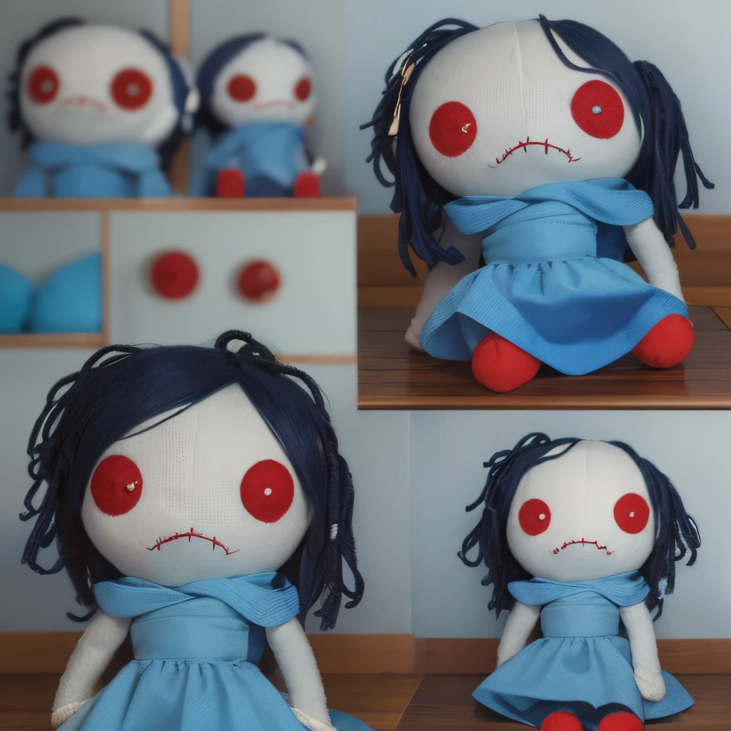 Plush toy, Rag toy, Sewn cloth mouth, Blue fabric sewn with threads, red eyes, blue skin, black hair, dress, creepy plush