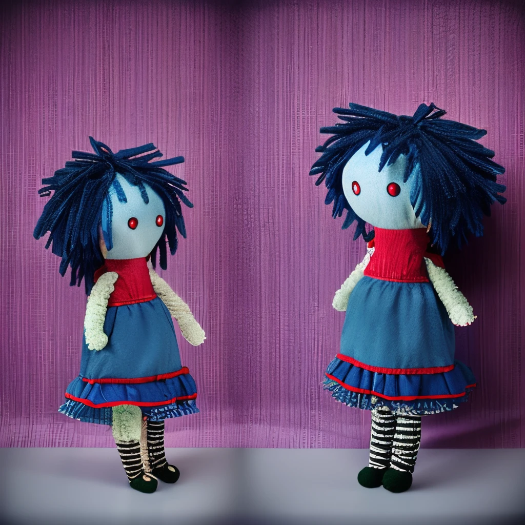 Plush toy, Rag toy, Sewn cloth mouth, Blue fabric sewn with threads, red eyes, blue skin, black hair, dress, creepy plush