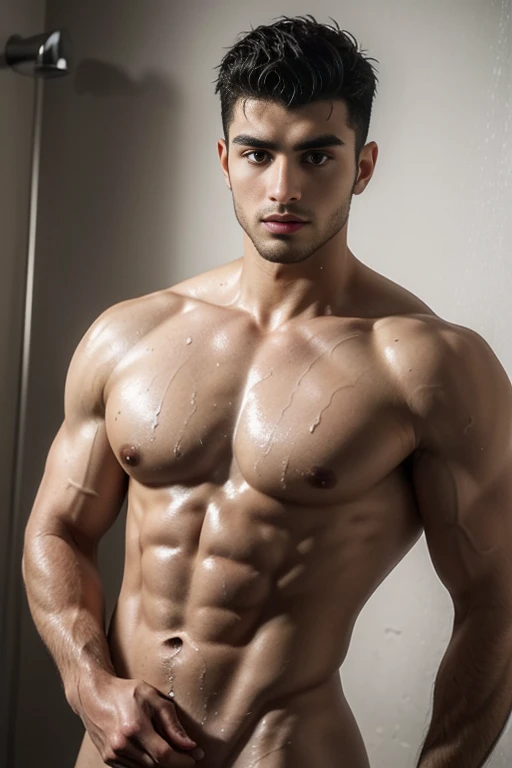 (best quality,ultra-detailed,realistic:1.37), male model, Sam asghari, naked, shower, beautiful circumcised , wet, steamy atmosphere, toned physique, glistening droplets of water, sensuous expression, sculpted muscles, natural lighting, art photography, black and white, contrast, shadows, erotic, intimate, artistic nudity
