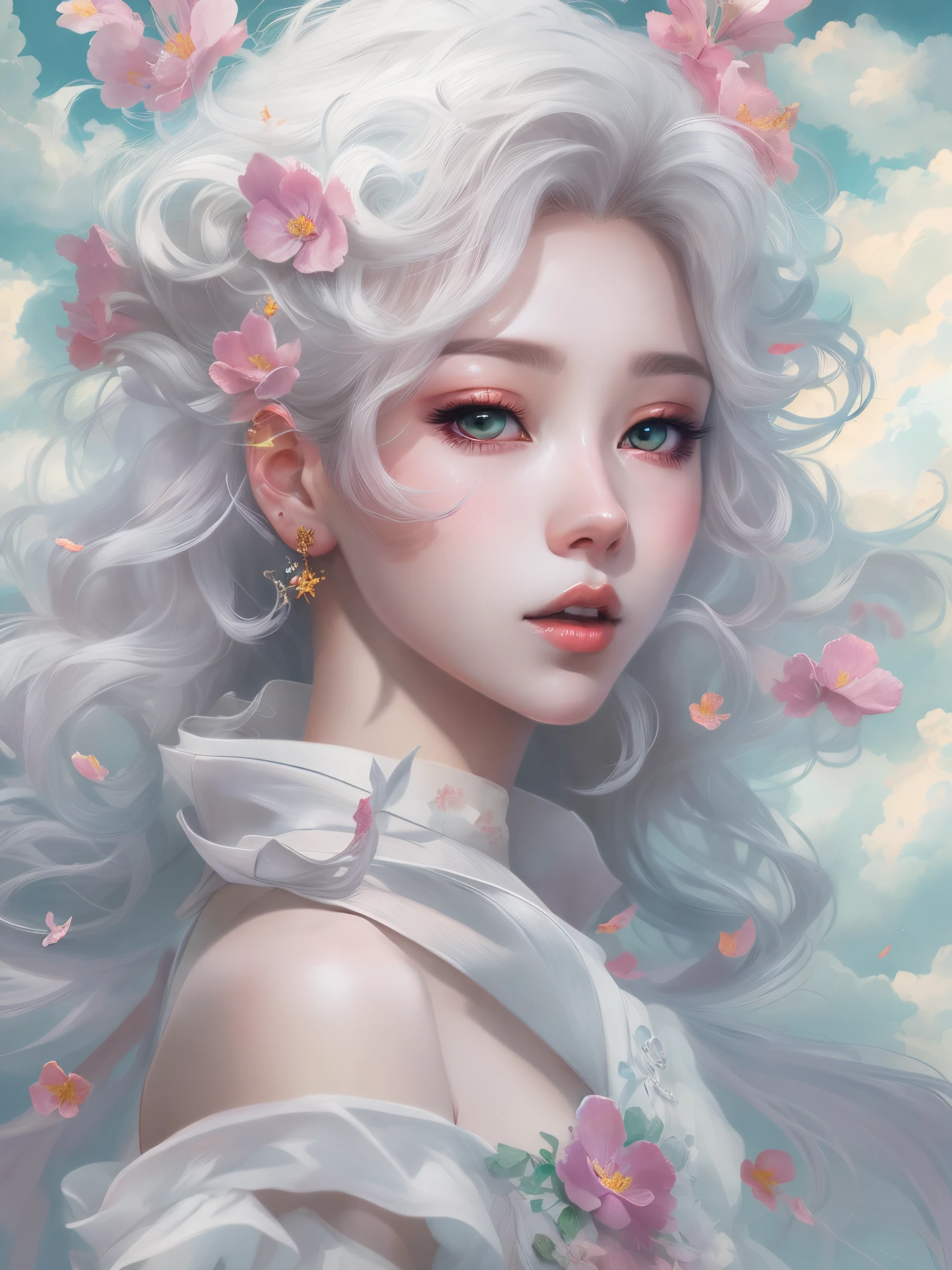 One in a white dress、woman drawing with photo frame, exquisite facial features,cloud goddess, Guviz style artwork, girl clouds, Japanese anime fantasy illustrations, fantasy art style, inspired by Yanjun Cheng, A beautiful artistic illustration, A masterpiece by Guwitz, clouds. like a dream, fantasy punk romantic artwork, fantasy puffy sky, beautiful fantasy art portrait, Anime fantasy artwork