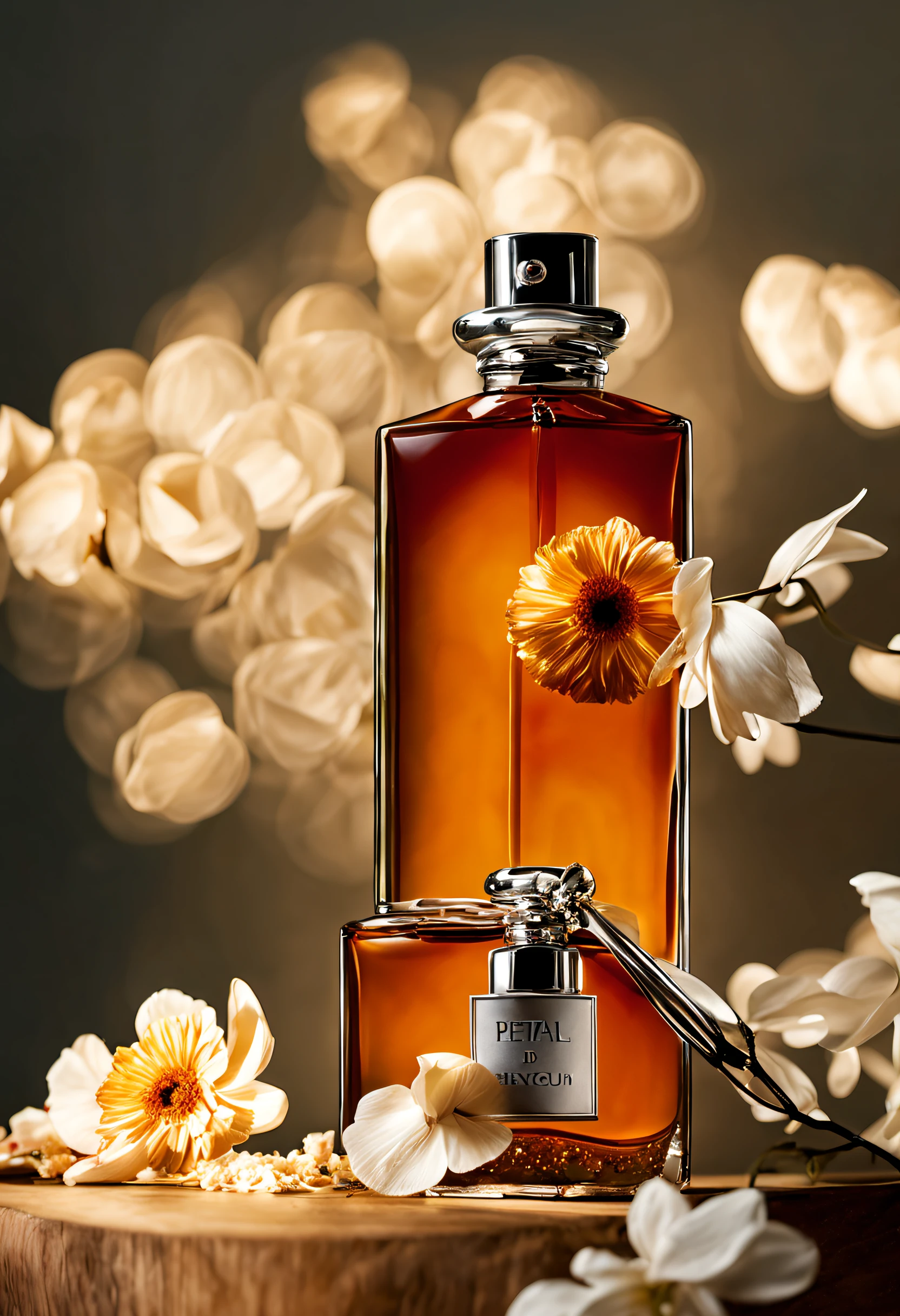 Close up de um frasco de perfume cercado por flores, (petal: 1.3), close-up do frasco de perfume, perfume na mesa com madeira, neo romantismo, Dior esporte, Dior, Estilo Christian Dior, Estilo barroco flamengo, baseado em Jean Honore Fragonard, fundo simples, studio lighting, luz suave, high-definition picture quality, 8k, English text, nenhum humano, profundidade de campo, foco virtual, foco curto, natureza-morta, nenhum humano