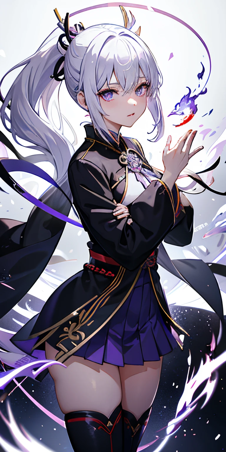 keqing, japanese clothes, ponytail ,white hair, purple eyes, magic circle, blue fire, blue flames, wallpaper, landscape, blood, blood splatter, depth of field, night, light particles, light rays, sidelighting, thighs, fate \(series\), genshin impact, ****, open jacket, skirt, thighhighs, cloud