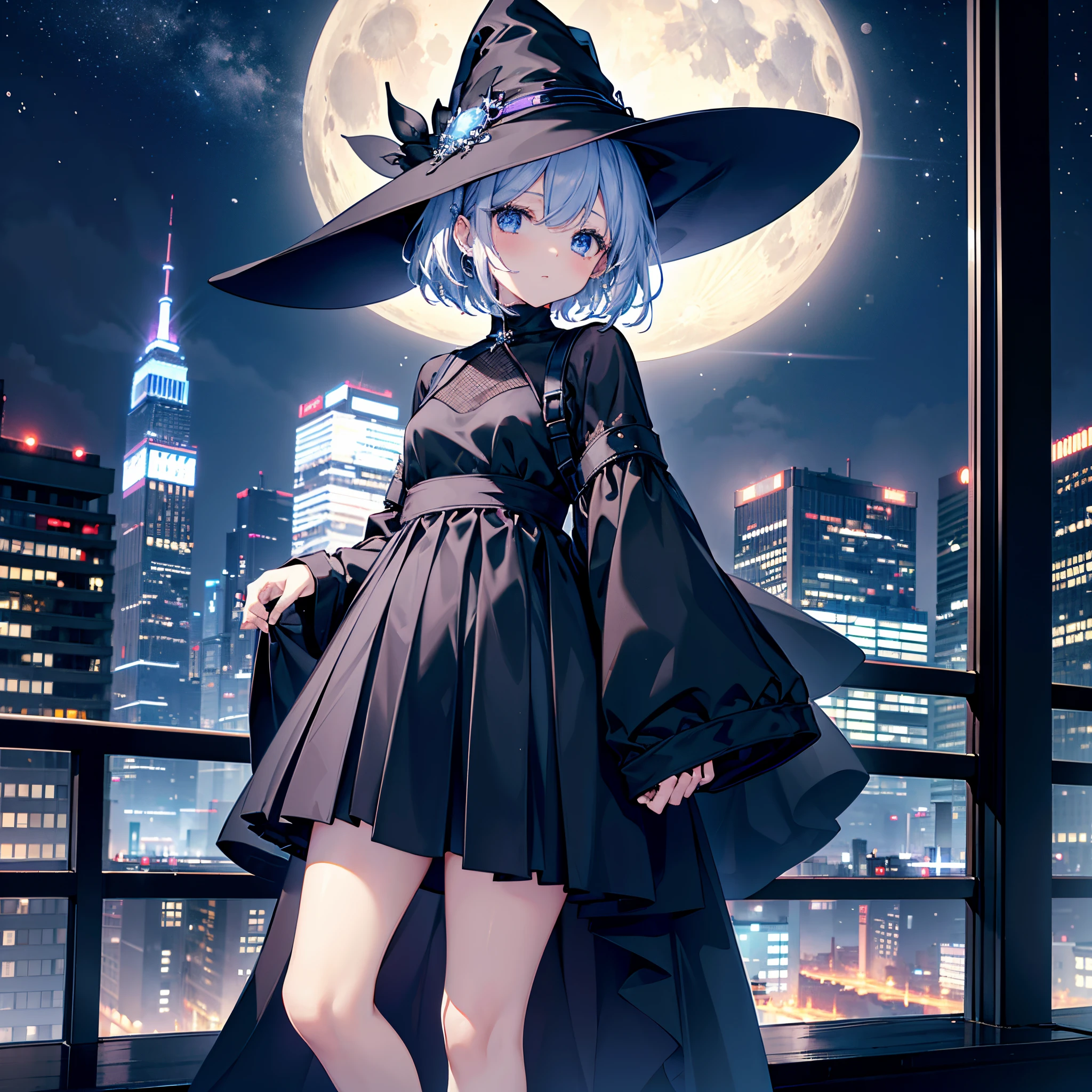 This is the rooftop of a skyscraper in Tokyo.、It's late at night now.、You can see the night view of many low buildings in the background.、Photograph her from above、Small moon and starry sky、You can see the beautiful sea with the moonlight reflecting in the distance.、Photograph her from an angle of 45 degrees above、One 27-year-old woman with small breasts、She wears a large black witch hat with sapphire accessories、White medium short hair with reddish-purple mesh、He is looking at me with a cool face and confused eyes.、Blue eyes with highlights、She is wearing a long black coat over a white t-shirt、White camisole、Black pleated skirt、Black sneakers with white shoelaces、small tits、discreet breasts、full-shot、hiquality、High Details、high-level image quality、4K picture quality、beatiful backgrounds