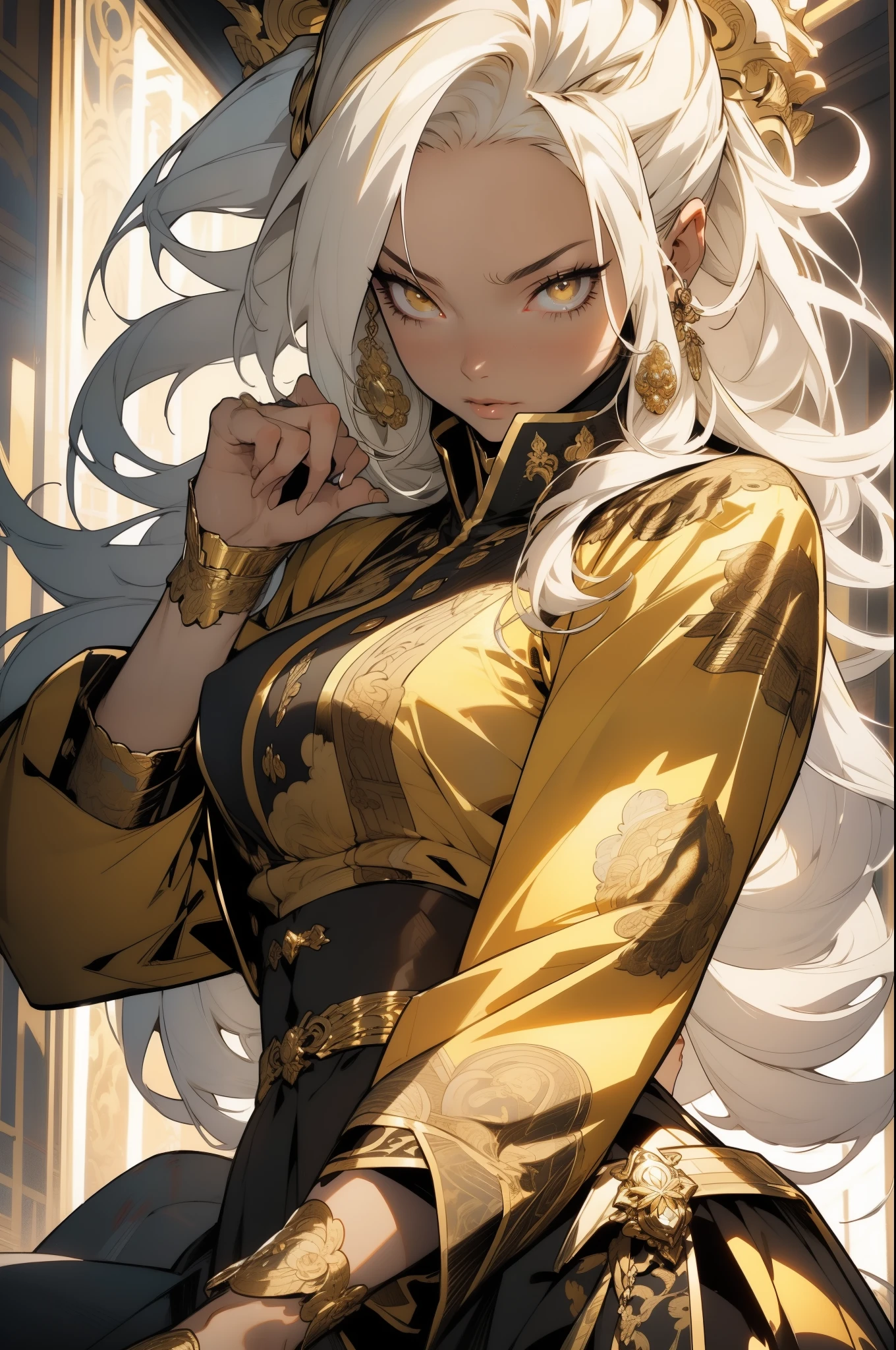 (looking at pov) highly detailed face, realistic face, golden katana, (oversized clothes:1.2), miniskirt, (dark coat with ornate golden embroidery, golden embellished), (white hair, golden streaks on hair), yellow eyes, thigh strap, (neo city), (clouds), add_detail:1, hair over one eye, largest_breasts!!, (ultra-detailed), hyper details, (intricate details), (cinematic light, best quality Backlights), from pov, perfect body, ), (crown: 1.1), Proud, high contrast, (best illumination, an extremely calm and beautiful),, brown skin, Daylight, 1girl, gold skin, jujutsu kaisen style, (masterpiece), best quality