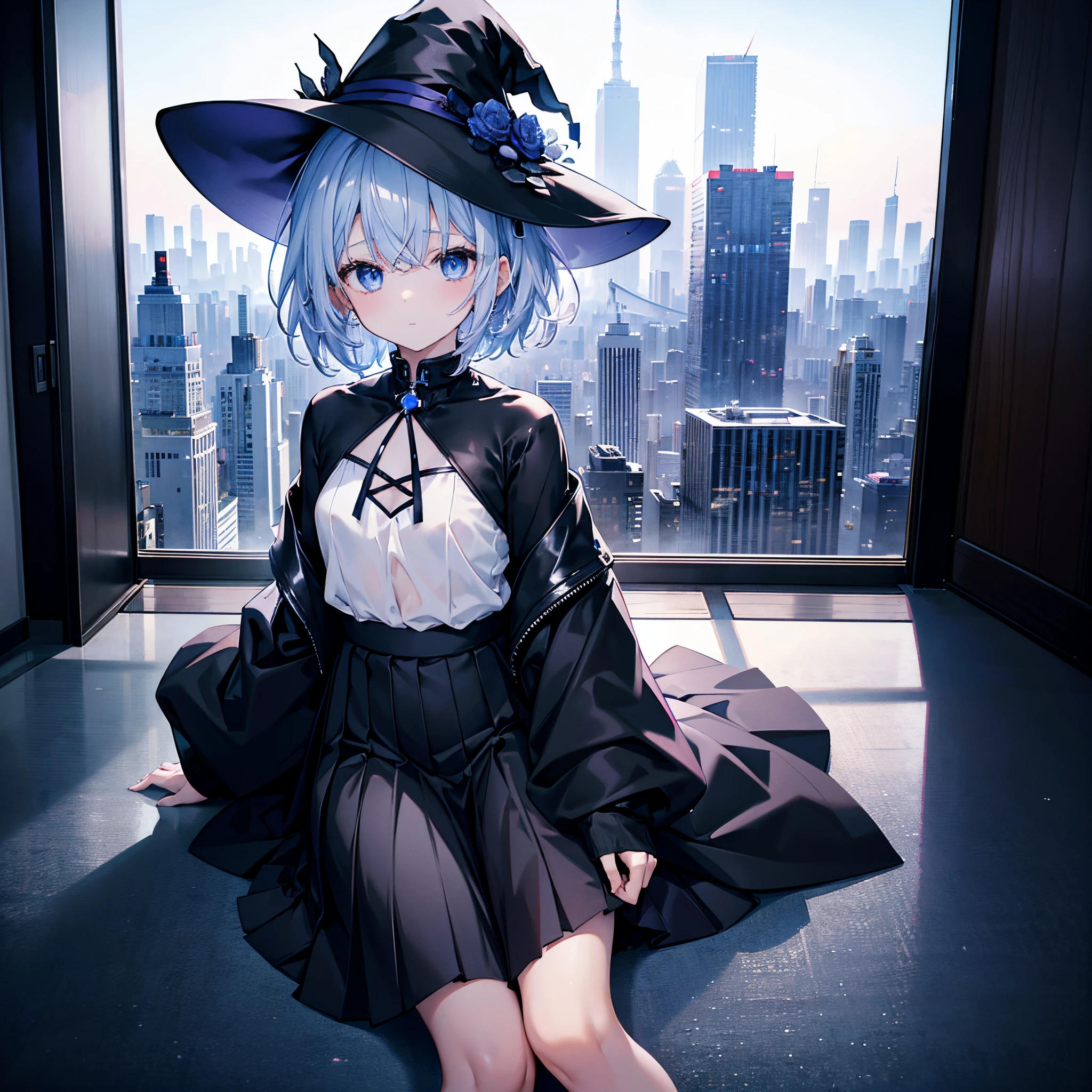 This is the rooftop of a skyscraper in Tokyo.、It's late at night now.、You can see the night view of many low buildings in the background.、Photograph her from above、Small moon and starry sky、You can see the beautiful sea with the moonlight reflecting in the distance.、Photograph her from an angle of 45 degrees above、One 27-year-old woman with small breasts、She wears a large black witch hat with sapphire accessories、White medium short hair with reddish-purple mesh、He is looking at me with a cool face and confused eyes.、Blue eyes with highlights、She is wearing a long black coat over a white t-shirt、White camisole、Black pleated skirt、Black sneakers with white shoelaces、small tits、discreet breasts、full-shot、hiquality、High Details、high-level image quality、4K picture quality、beatiful backgrounds