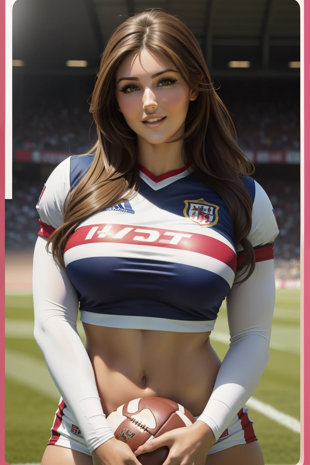 Lucy Pinder, Retrato de cara, sonriente, voluptuoso, (( Maquillaje muy intenso)), football player
