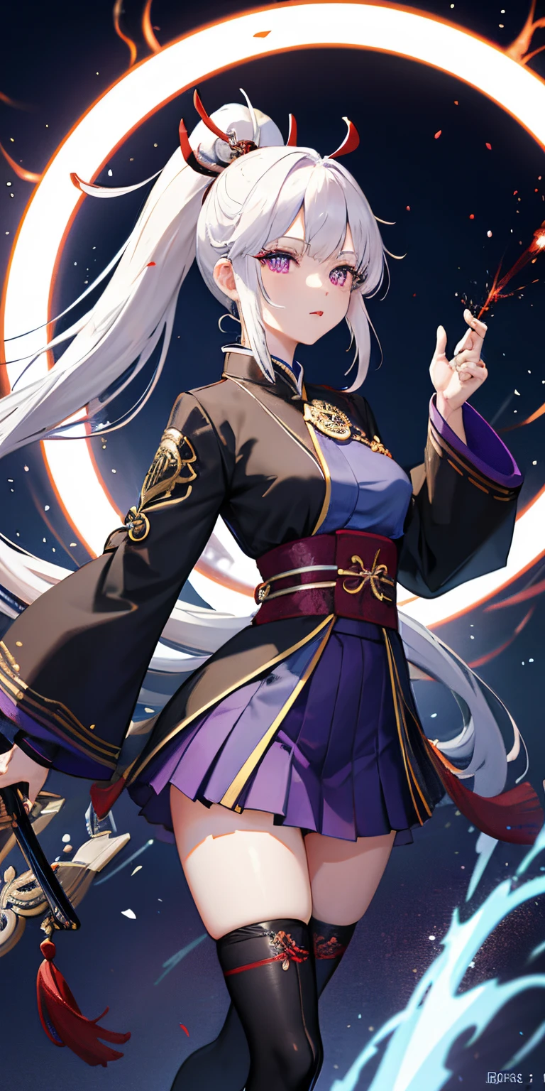 keqing, japanese clothes, ponytail ,white hair, purple eyes, magic circle, blue fire, blue flames, wallpaper, landscape, blood, blood splatter, depth of field, night, light particles, light rays, sidelighting, thighs, fate \(series\), genshin impact, ****, open jacket, skirt, thighhighs, cloud
