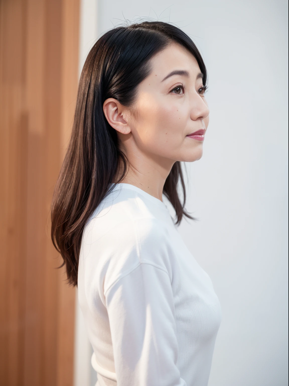 (8k)、(Photorealsitic:1.4)、don't put your hair in your ears、top-quality、超A high resolution、extremely detailed eye、((profile))、Autumn and winter feminine casual style portrait、japanese mature, (Solo), 40 years old, (Wrinkles at the corners of the eyes:1.2)、Autumn clothes、natural soft light、((I'm not looking at the camera))、(top-quality,masterpiece:1.3,超A high resolution,),(ultra-detailliert,Caustics),(Photorealsitic:1.4,RAW shooting,)Ultra-realistic capture,A highly detailed,high-definition16Kfor human skin、 Skin texture is natural、The skin looks healthy with an even tone、 Use natural light and color,One Woman,japanes、A dark-haired,Middle hair,(depth of fields、chromatic abberation、、Wide range of lighting、Natural Shading、)、(Taken in front of a white door and white wall)、Random Poses、Other shots、Medium hair、bob、appearance々Hairstyle