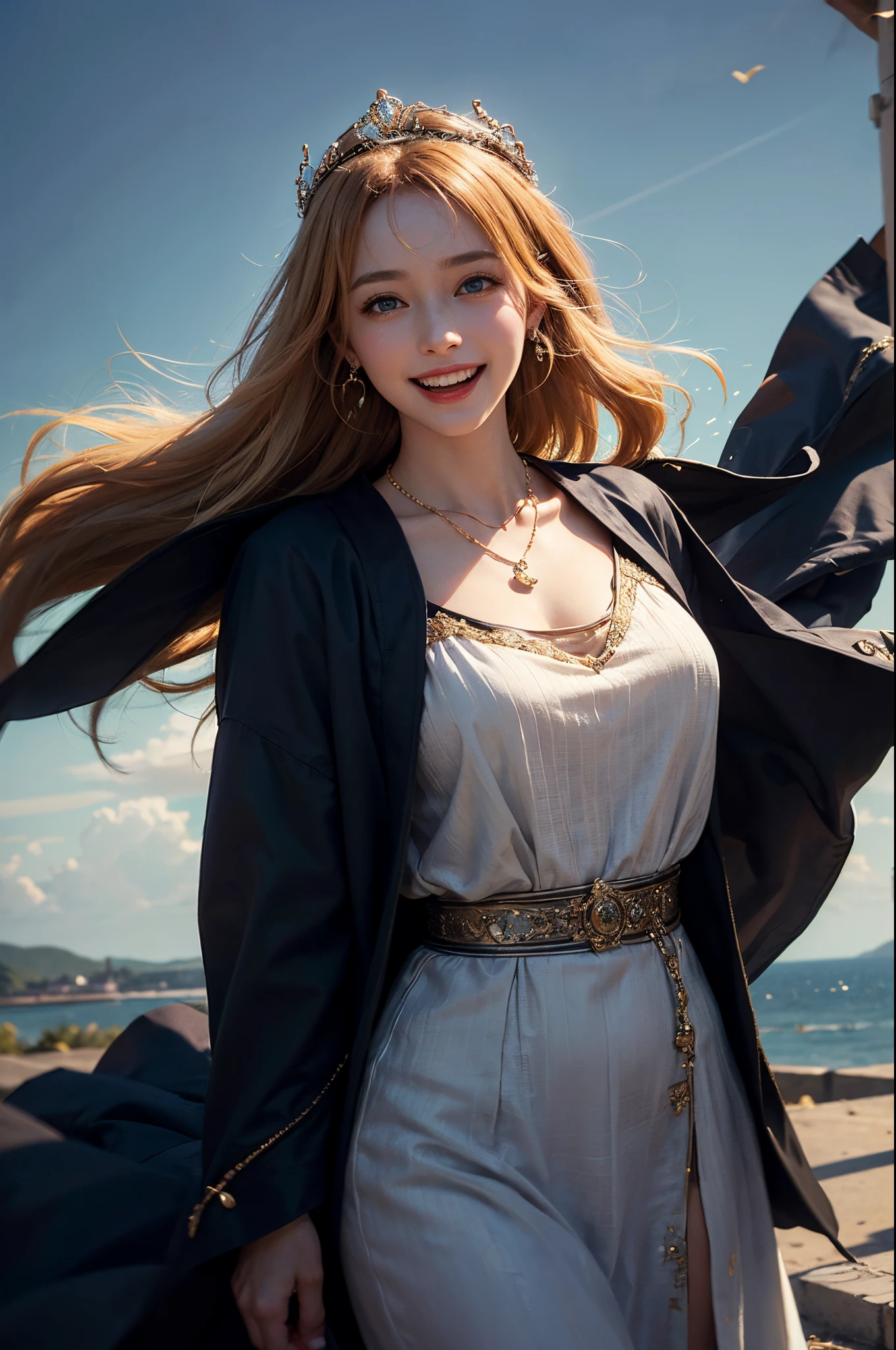 Young goddess, (Her clothes are all flipping up by extremely strong wind:1.5), (wearing robe, tiara, necklace, (blonde | auburn) hair, blue eyes), (background random great nature), (laughing, big smiling), { (dramatic lighting:1), (rembrandt lighting:1.2), surrealism, god rays }, ((masterpiece, 8K highest resolution)), wide view, { (seen from back:0), (reveal pelvis:0) }