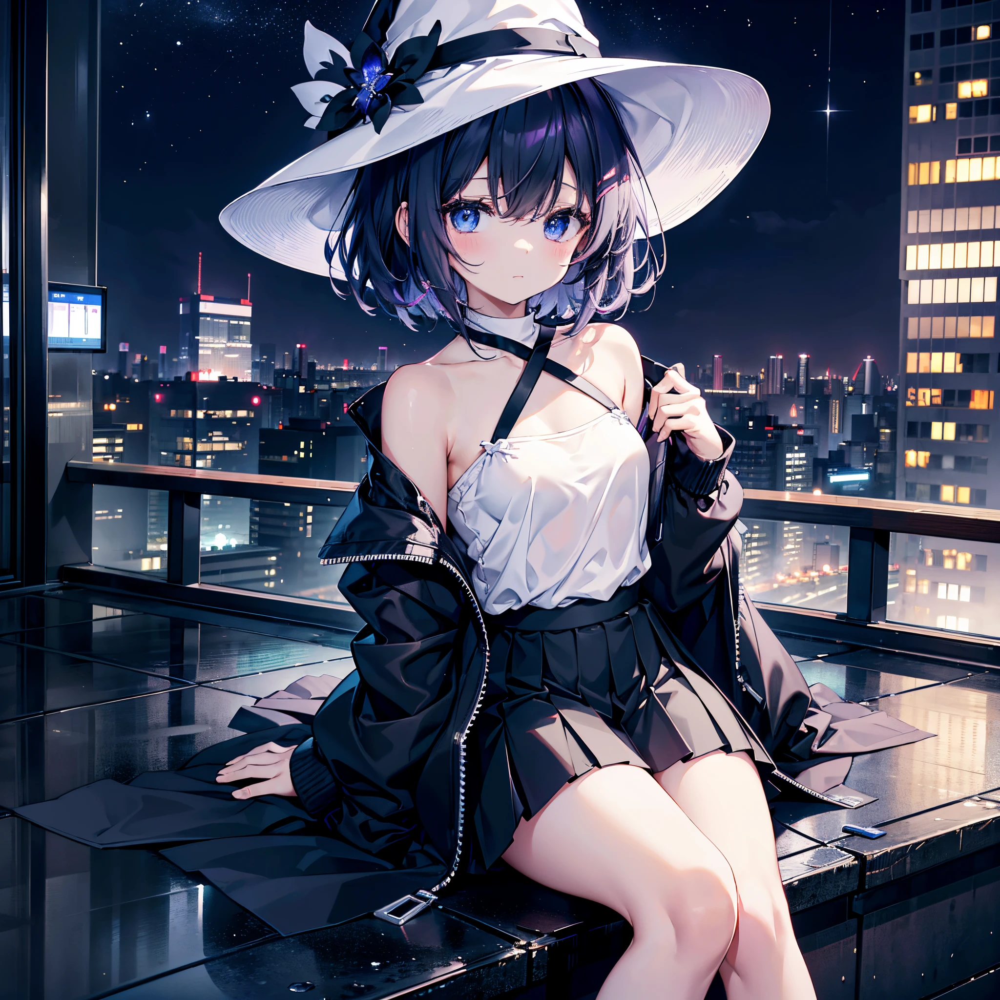 A girl stands on the rooftop of a high-rise building with a panoramic view of late-night Tokyo below.、She has a short bob with a white lob of hair and wears a large black witch hat with sapphire jewelry.、A high school student wearing a navy blue bikini-type swimsuit with a white ribbon、She wears a large witch's hat with a small sapphire accessory、A few star creams、Beautiful starry sky、Beautiful night view、large witch's hat 、Navy blue bikini pants that dig into your stomach、Small breasts、Small breasts、Navy blue swimsuit top with white frills、I see my stomach、The area around the stomach is bare skin.、Belly button、Halterneck bikini、She is wearing hot pants