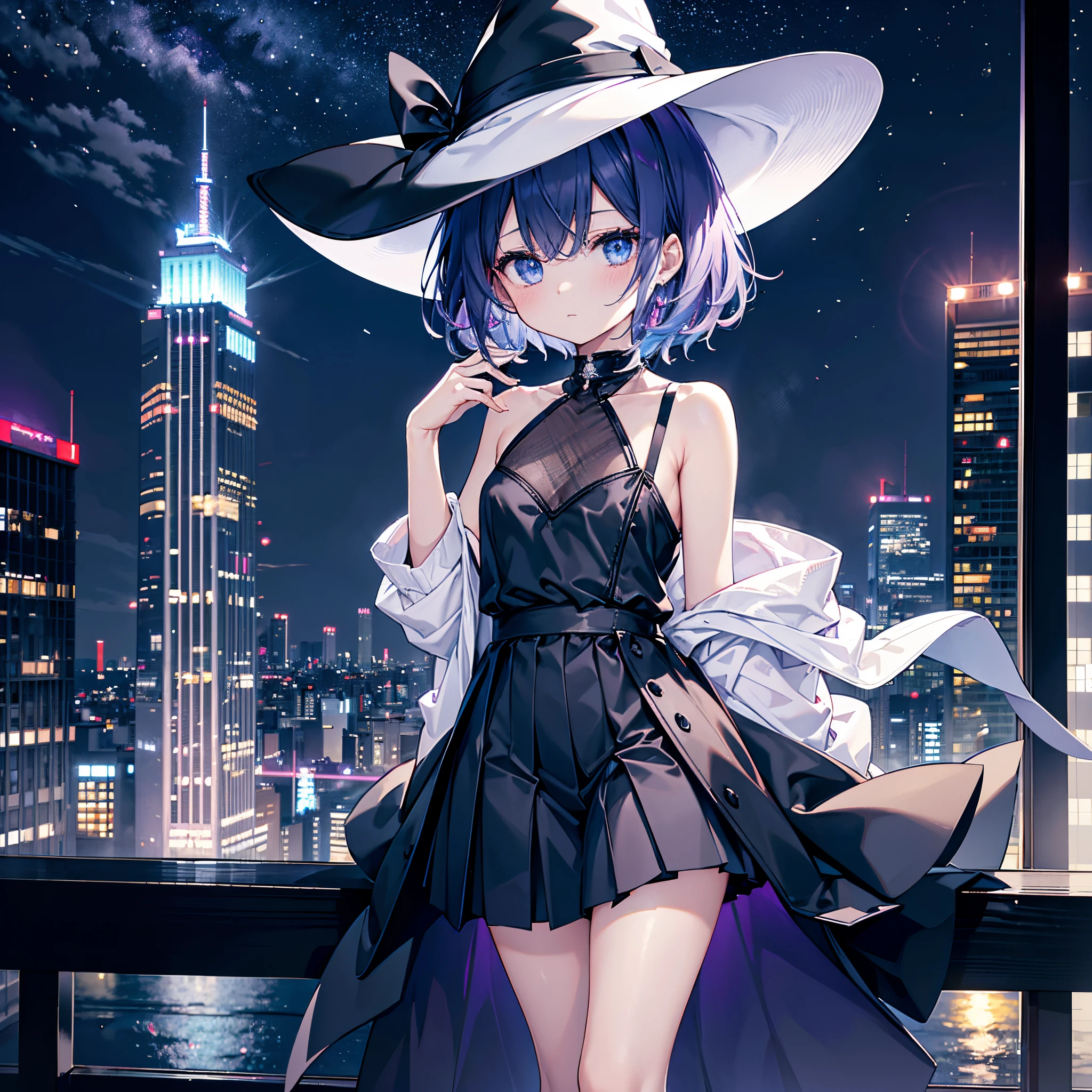 A girl stands on the rooftop of a high-rise building overlooking the late-night Tokyo nightscape.、She has a short bob with a white lob of hair and wears a large black witch hat with sapphire jewelry.、A high school student wearing a navy blue bikini-type swimsuit with a white ribbon、She wears a large witch&#39;s hat with a small sapphire accessory、A few star creams、Beautiful starry sky、Beautiful night view、large witch's hat 、Navy blue bikini pants that dig into your stomach、Small breasts、Small breasts、Navy blue swimsuit top with white frills、I see my stomach、The area around the stomach is bare skin.、Belly button、Halterneck bikini、She is wearing hot pants、She is wearing a long black coat with the front open.、Illuminated roof terrace、