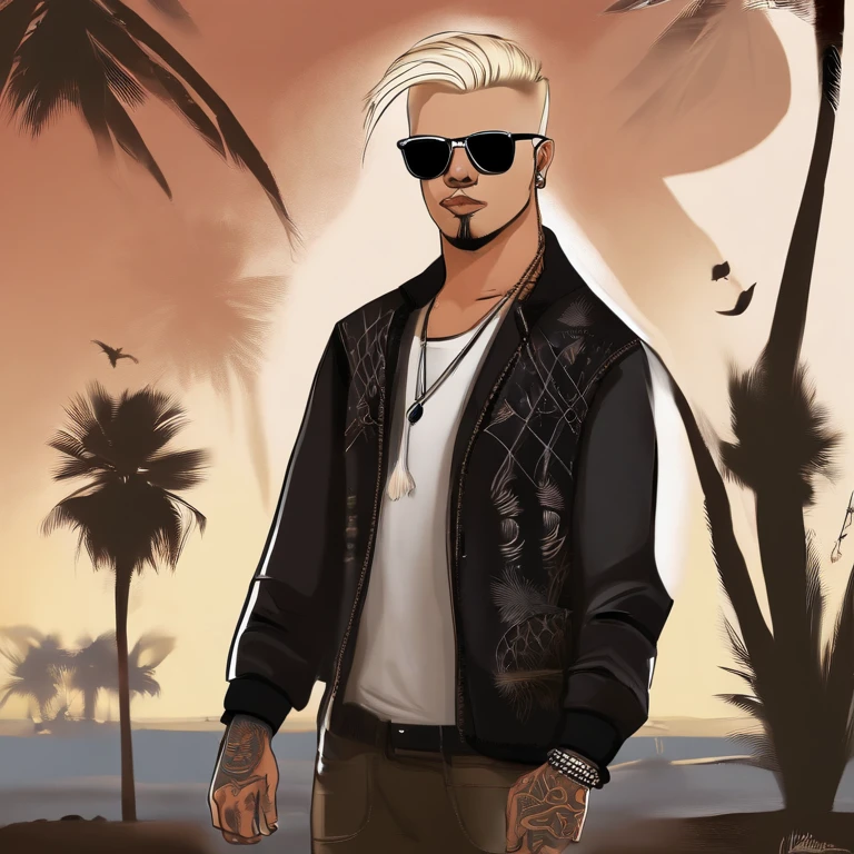 He is a white man. He has platinum blonde short hair that he wears spiked up. He also keeps a dark goatee. He is chubby. He often wears accessories like spiked punk bracelets and black Oakley sunglasses. He has tattoos on his left arm. His ears are pierced. ,original,He is a white man. He has platinum blonde short hair that he wears spiked up. He also keeps a dark goatee. He is chubby. He often wears accessories like spiked punk bracelets and black Oakley sunglasses. He has tattoos on his left arm. His ears are pierced. ,face,photo