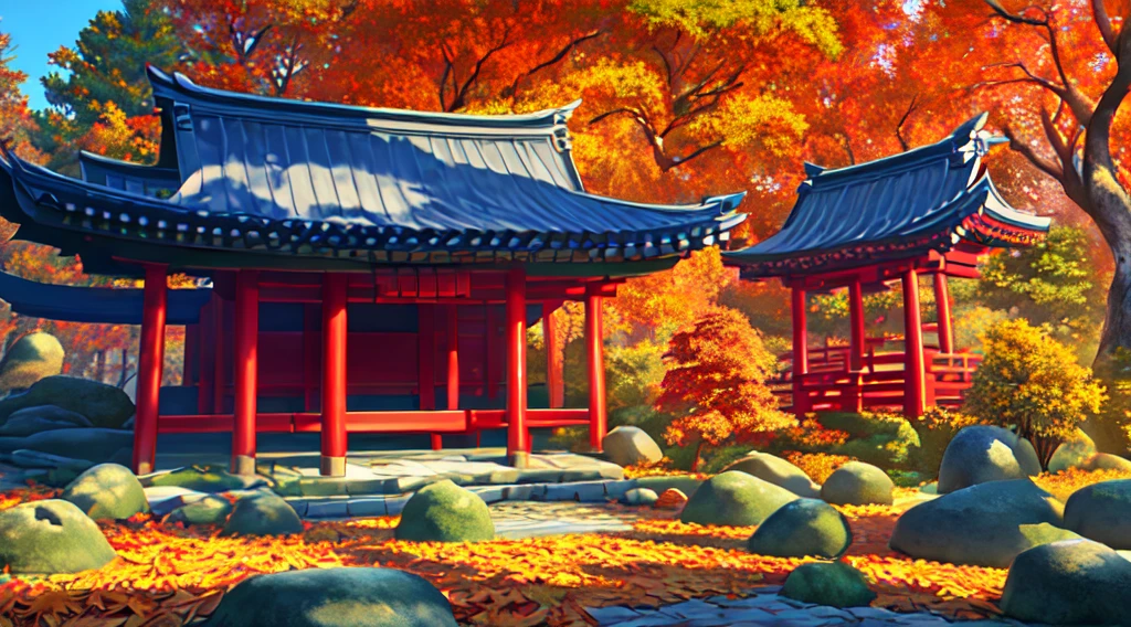 detailed, 2.5D, flat-colors, line-art,
Japanese shrine,
roof tiles, wood, stone,
daytime,
autumn leaves,