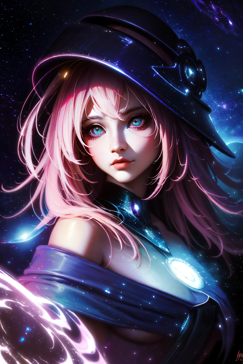 Giles magos oscuros. magos oscuros. ojos azules. cabello rubio. labios rojos. Detailed features.., cosmic colors, Ethereal lighting, Pintura surrealista, High resolution, Otherworldly atmosphere, Seres celestiales. Hermosa diosa