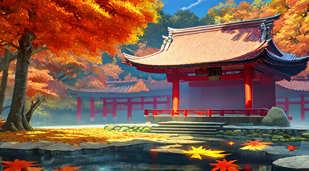detailed, 2.5D, flat-colors, line-art,
Japanese shrine,
roof tiles, wood, stone,
daytime,
autumn leaves,