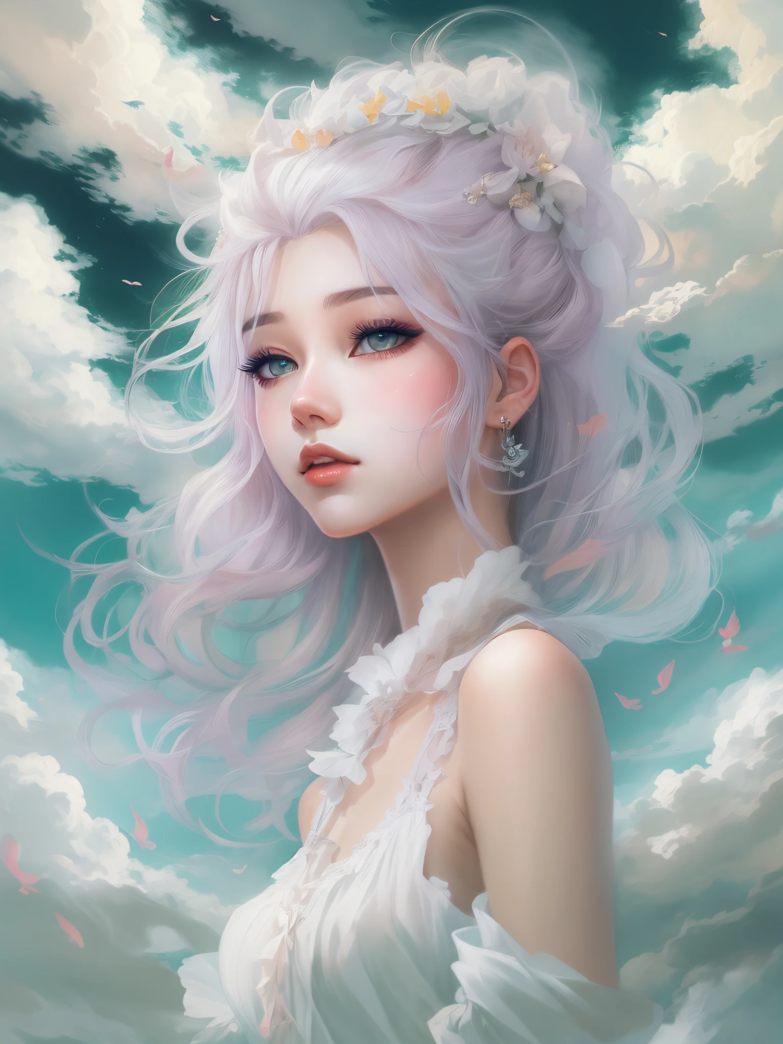 ((Masterpiece, Highest quality)), Detailed face, CharacterDesignSheet, full bodyesbian, Full of details, Multiple poses and expressions, Highly detailed, Depth, Many parts,1girll,the witch,Gold and pink,Floating in the sky,Cloud Girl,clouds,ogle,Extremely beautiful,brightly,Natural light, Lace,lacepantyhose,