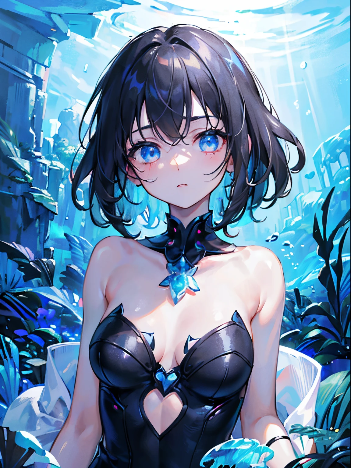 (masterpiece,best quality,ultra-detailed),1girl,beautiful and detailed face, detailed eyes,looking at viewer,short hair,white and black hair, curly hair,(petite), medium chest, sleeveless ,black dress,night, starry sky,(monster girl),((underwater)), glowing eyes,(aquarrelle),in the ocean deep,dark ambient