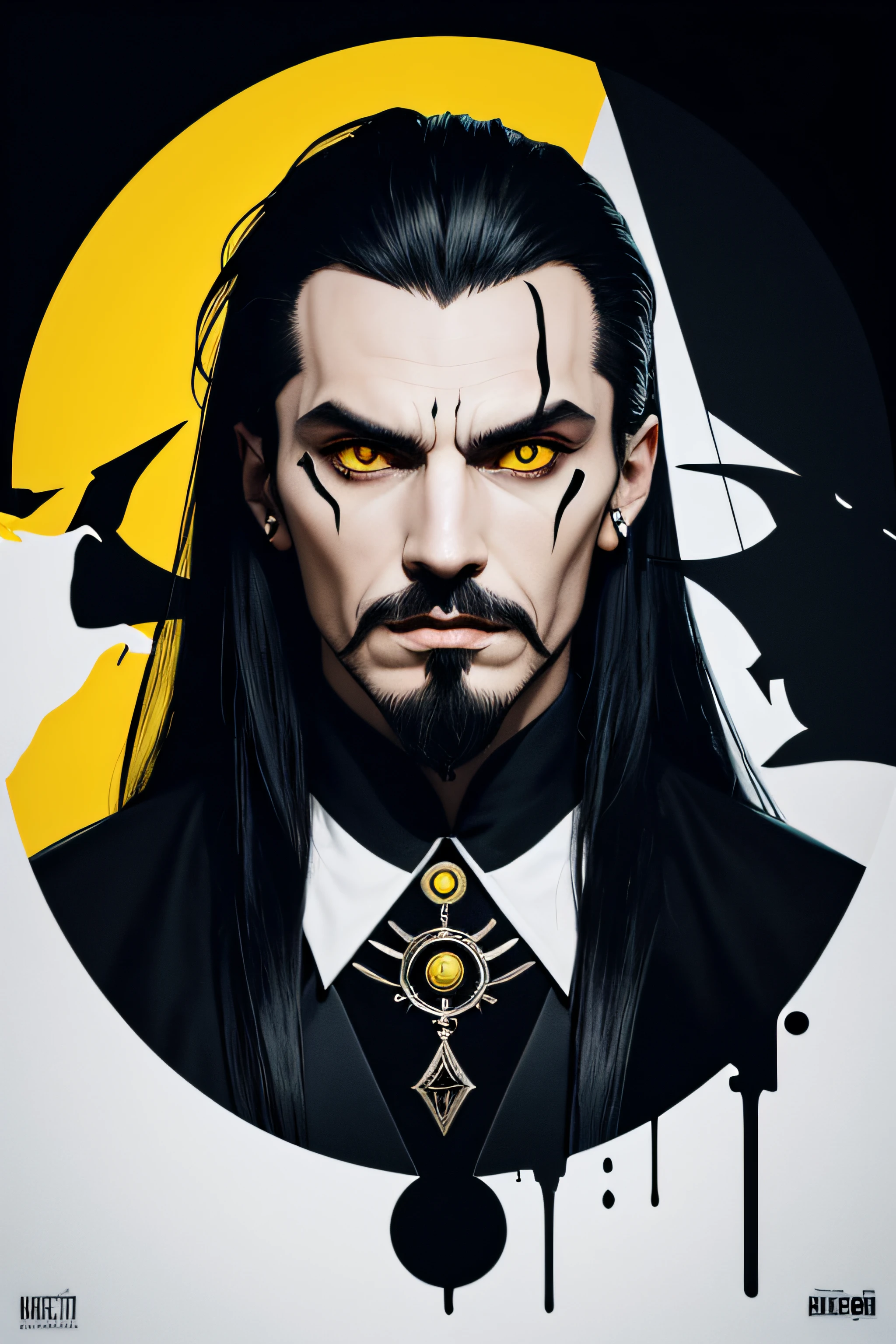 vlad tepes, open mounths, showing teeths, yellow eyes, circle design, ink spot design minimalist, pop art, based on bela lugose