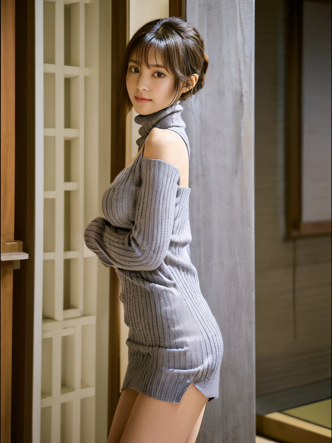 ((Highest quality)), ((masterpiece)), (detailed), One girl, sexly,Perfectly balanced thighs and calves,とてもsexlyで美しい女性,Perfect figure,Moisturized to the touch,Translucent skin texture,(Advanced skin detailed:1.1),(High quality hair detail:1.1),Super detailed,Very high resolution,((Full-body photo of one person)),Hyper Real,Cover photo,Professional Lighting ,Professional Dimming,Perfect Goddess,Exquisite detail,short hair, Wavy Hair, (濡れた Sleeveless sweater dress:1.5),(Very big round breasts:1.5),Good, side tie panties, looking at the camera, ((In town)), ((Blur the background)),((Fold your arms behind your head:1.6))
