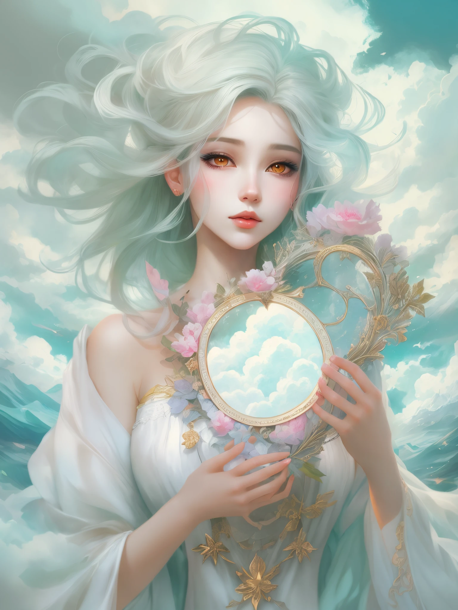 One in a white dress、woman drawing with photo frame, exquisite facial features,eyes with brightness,cloud goddess, Guviz-style artwork, girl clouds, Japanese anime fantasy illustrations, fantasy art style, inspired by Yanjun Cheng, A beautiful artistic illustration, A masterpiece by Guwitz, cloud. like a dream, fantasy punk romantic artwork, fantasy puffy sky, beautiful fantasy art portrait, Anime fantasy artwork