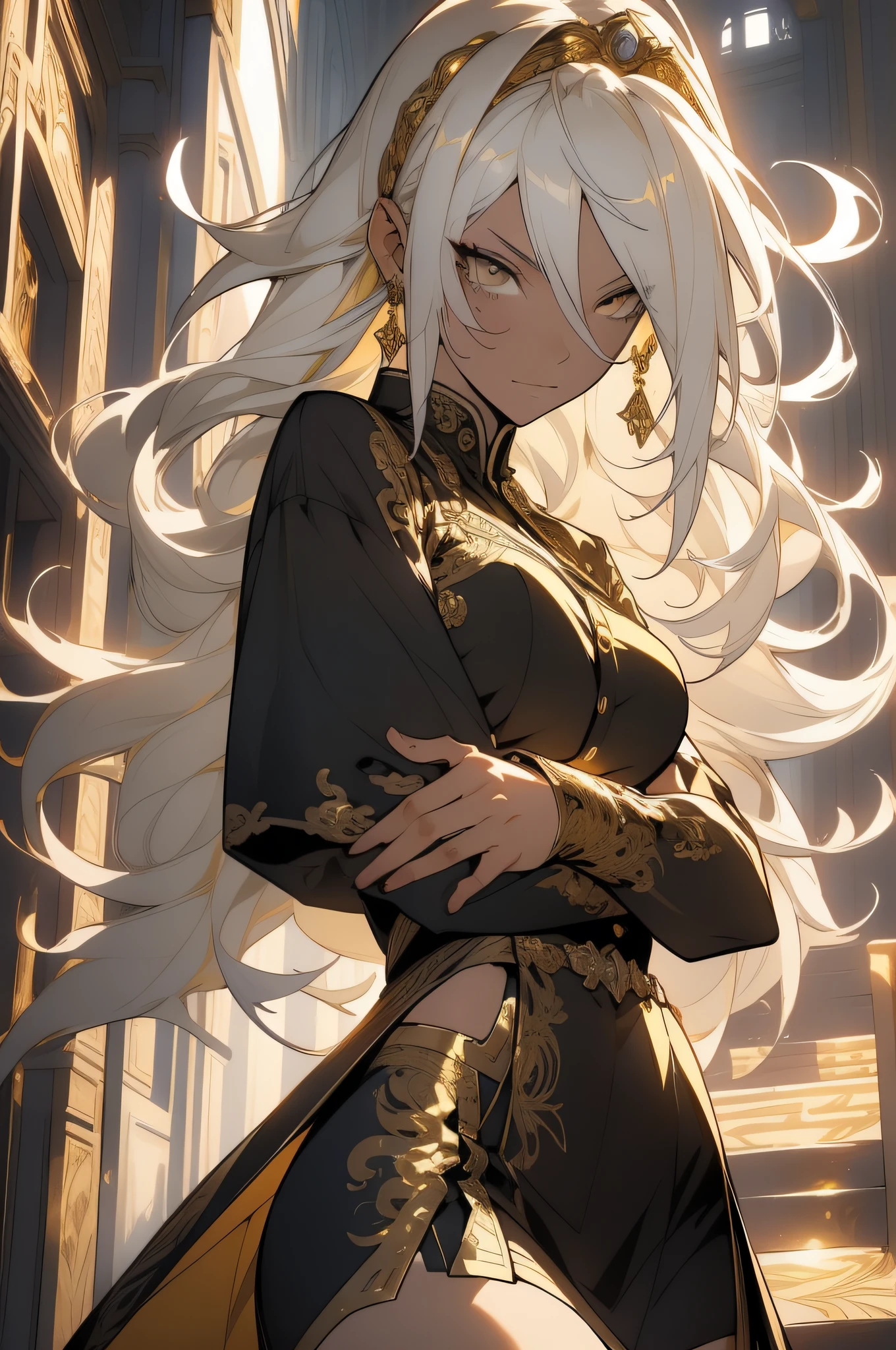 (looking at pov) highly detailed face, realistic face, golden katana, (oversized clothes:1.2), miniskirt,  (dark coat with ornate golden embroidery, golden embellished), (white hair, golden streaks on hair), yellow eyes, thigh strap, (neo city), (clouds), add_detail:1, hair over one eye, largest_breasts!!, (ultra-detailed), hyper details, (intricate details), (cinematic light, best quality Backlights), from pov, perfect body, ), (crown: 1.1), Proud, high contrast, (best illumination, an extremely calm and beautiful),, brown skin, Daylight, 1girl, gold skin, jujutsu kaisen style, (masterpiece), best quality