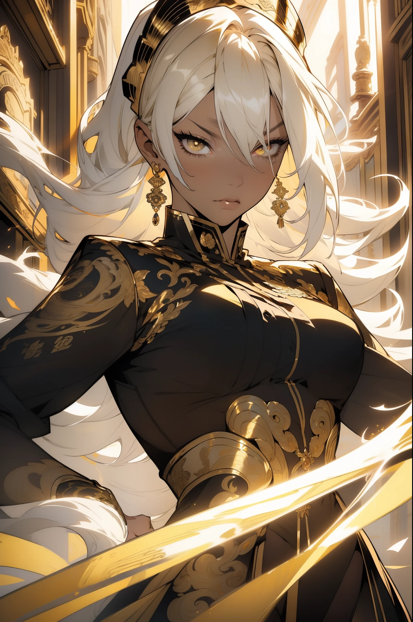(looking at pov) highly detailed face, realistic face, golden katana, (oversized clothes:1.2), miniskirt, (dark coat with ornate golden embroidery, golden embellished), (white hair, golden streaks on hair), yellow eyes, thigh strap, (neo city), (clouds), add_detail:1, hair over one eye, largest_breasts!!, (ultra-detailed), hyper details, (intricate details), (cinematic light, best quality Backlights), from pov, perfect body, ), (crown: 1.1), Proud, high contrast, (best illumination, an extremely calm and beautiful),, brown skin, Daylight, 1girl, gold skin, jujutsu kaisen style, (masterpiece), best quality