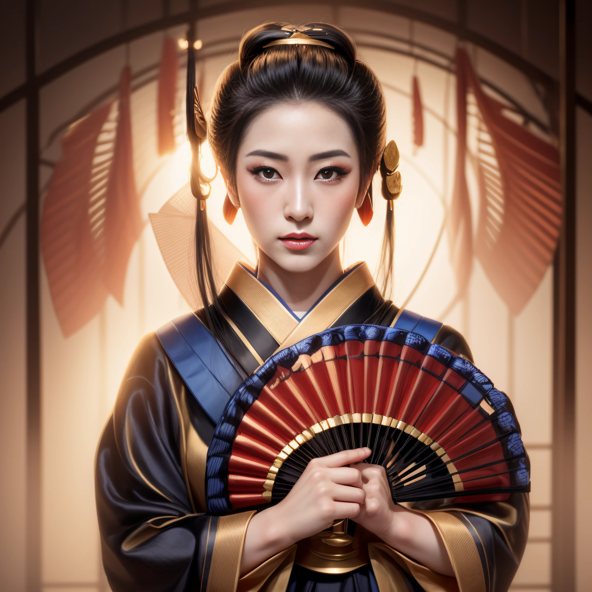 a young beautiful geisha, with full lips, black hair, with a bun on her head, wearing a golden kimono with blue lapels, and blue sleeves, holding a fan in her hands, Portrait of a realistic beautiful geisha, Portrait of realistic geisha, a beautiful art realistic, Realistic portrait of a geisha, Ancient geisha princess, ralist female geisha girl, exquisite realistic digital art, Beauty Geisha, beautiful realistic digital art, Japanese empress, glamorous and sexy geisha, Portrait of a ralist Japanese geisha.