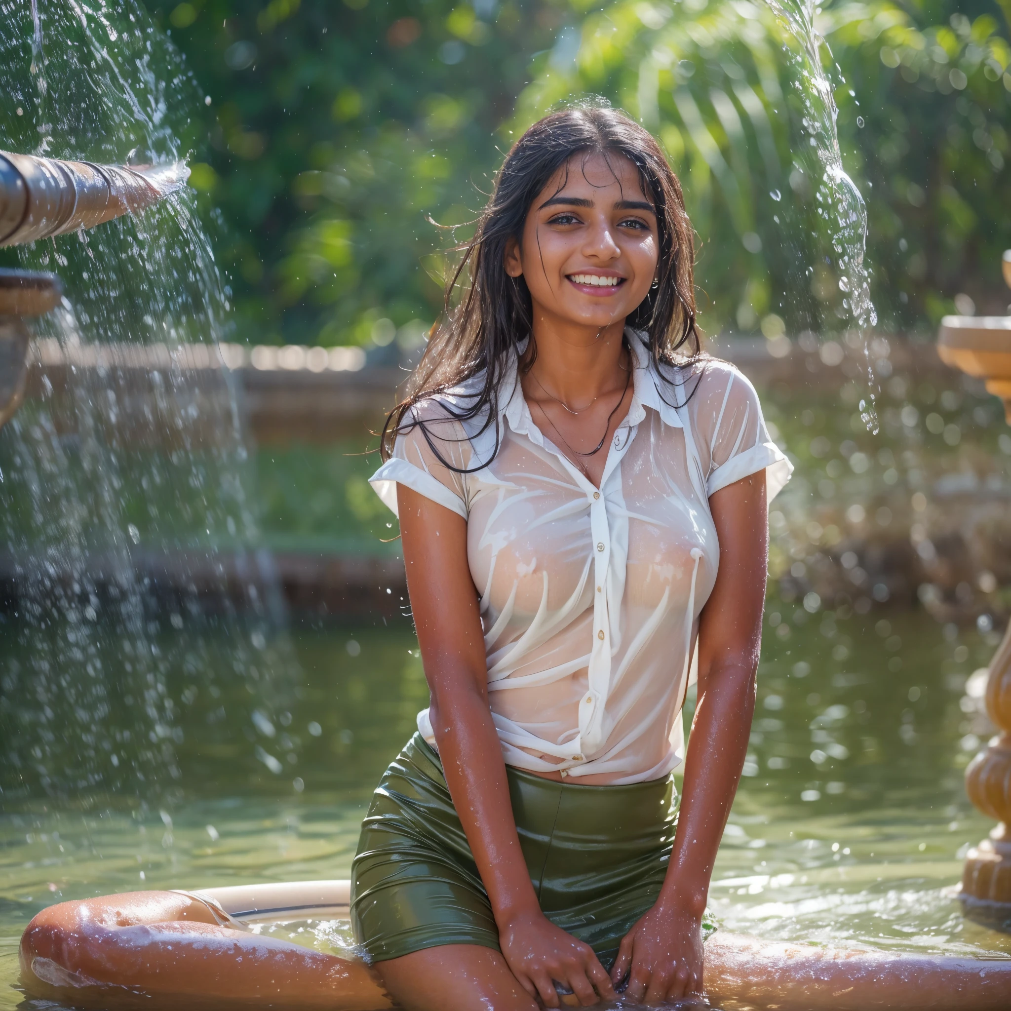(masterpiece, 8k, best quality:1.2), in the fountain, outdoor, 1girl, 27 yo indian woman,  sultry smile, looking at viewer, schoolgirl uniform, wet clothes, soaked, wet hair, wet skin, translucent, glistening with oil, drenched, bright sunshine, soaked heavy clothes, erotic