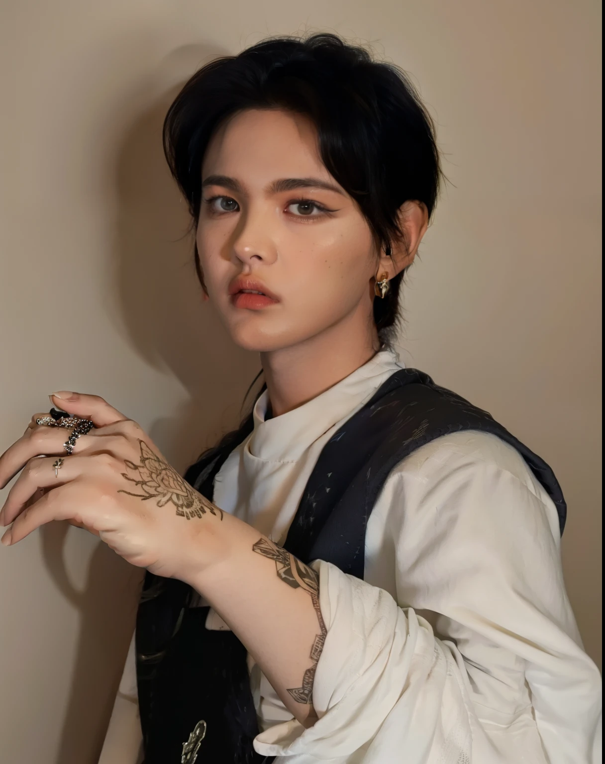 Hombre con un tatuaje en el brazo y una camisa blanca, inspirado por  Kim Taehyung de BTS, beautiful androgynous prince, delicate androgynous prince, Cabello largo de color negro.