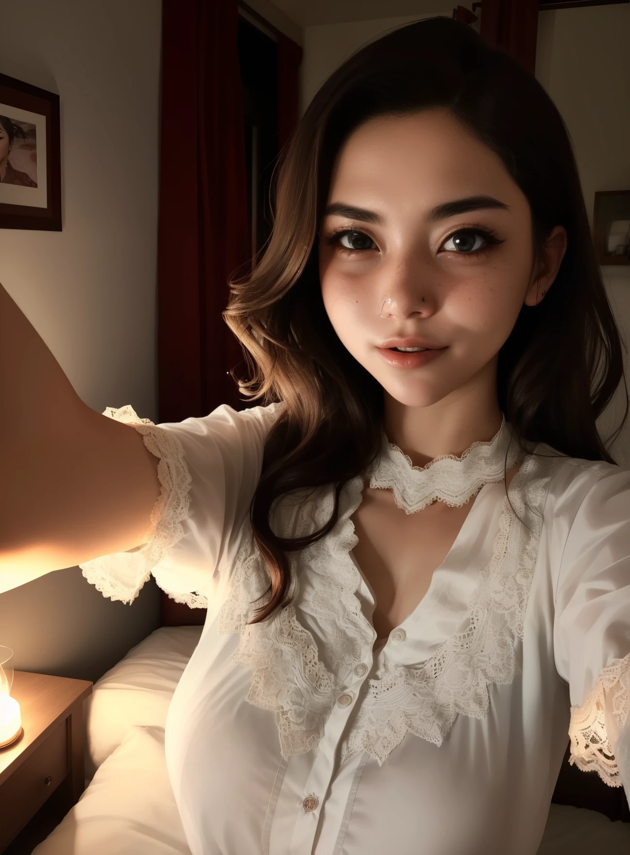 mulher deitada na cama, selfie ((silly facial expression)) ((nighttime environment illuminated by bedroom light and messy bed)) ((visible face and bust and lace blouse)) com rosto perfeito e feminino, big eyes and fine, delicate features, loira e coreana