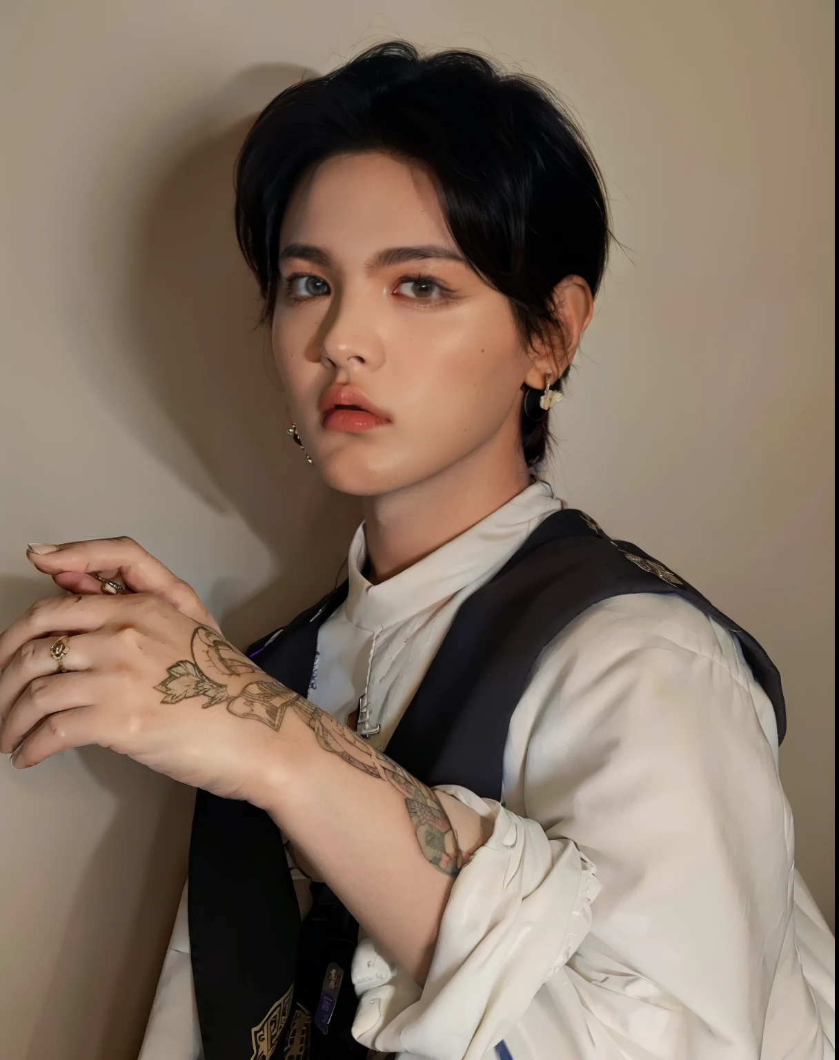 Hombre con un tatuaje en el brazo y una camisa blanca, inspirado por  Kim Taehyung de BTS, beautiful androgynous prince, delicate androgynous prince, Cabello largo de color negro.