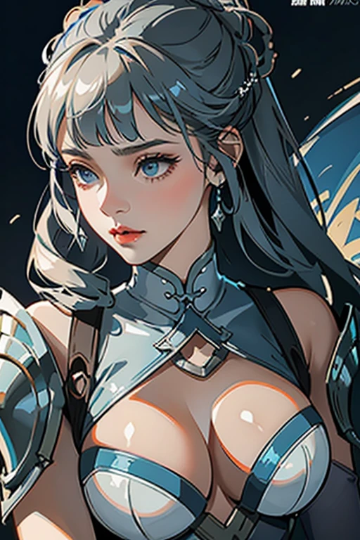 close up shot of a woman in a silver and blue dress, silver armor, large breasts, cleavage, chengwei pan on artstation, by Yang J, detailed fantasy art, stunning character art