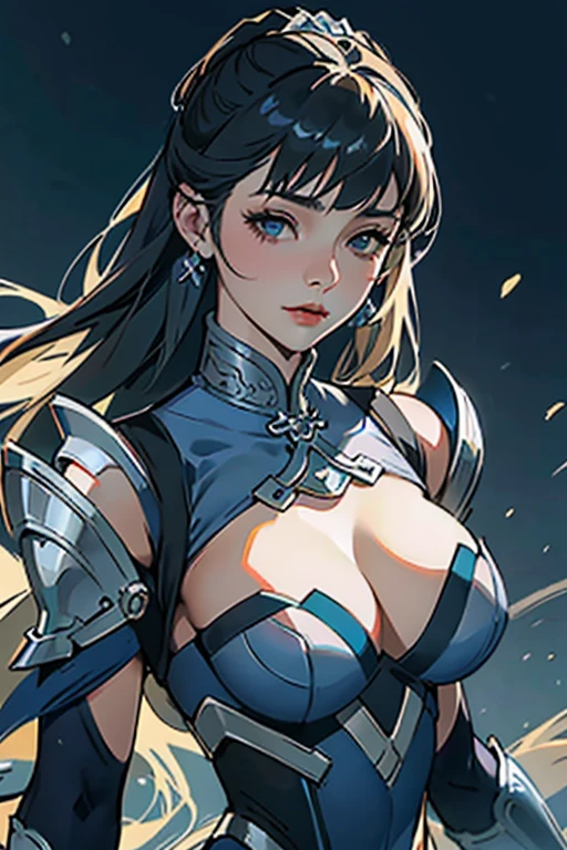 close up shot of a woman in a silver and blue dress, silver armor, large breasts, cleavage, chengwei pan on artstation, by Yang J, detailed fantasy art, stunning character art