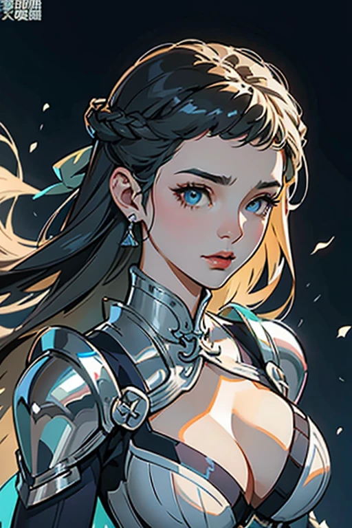 close up shot of a woman in a silver and blue dress, silver armor, large breasts, cleavage, chengwei pan on artstation, by Yang J, detailed fantasy art, stunning character art