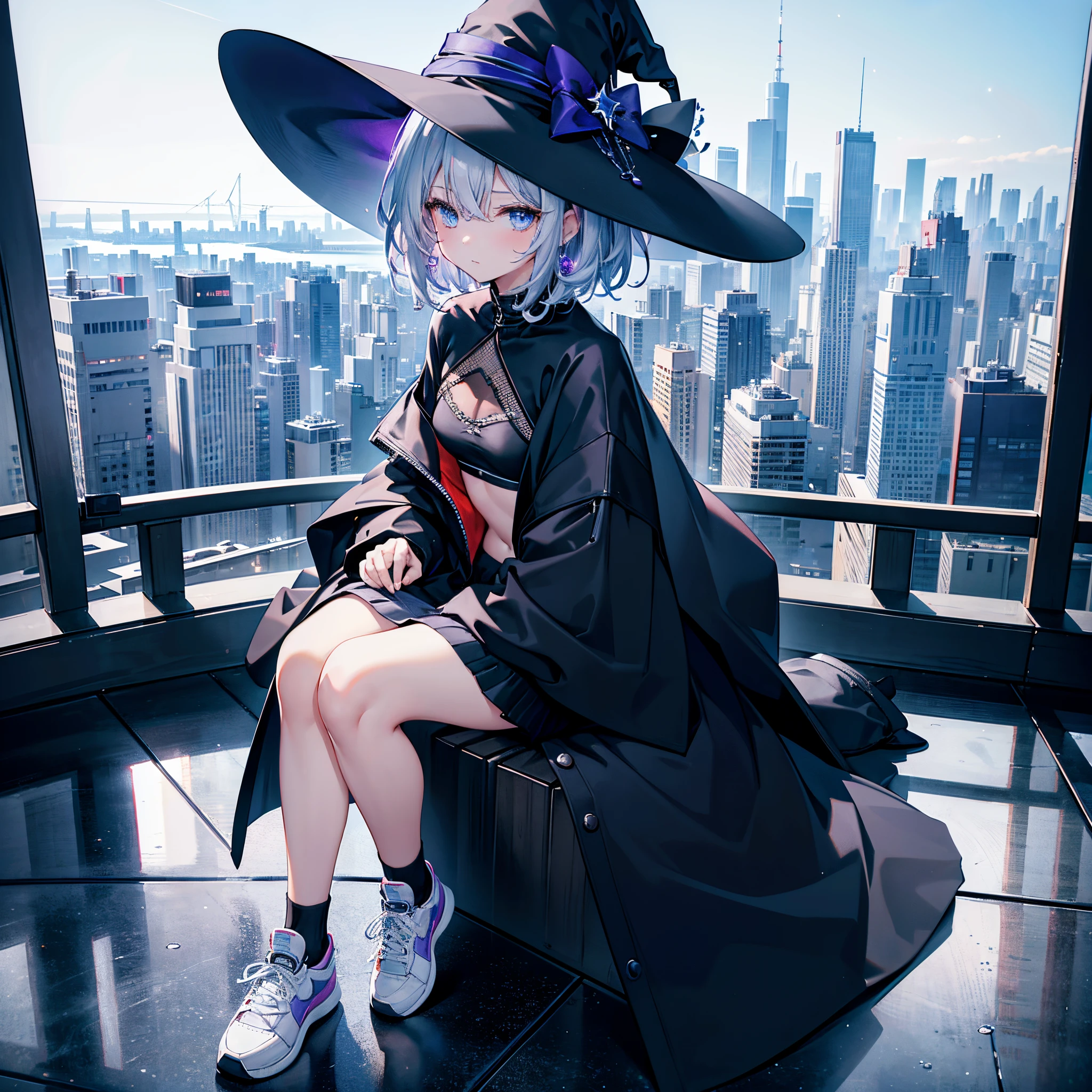 This is the rooftop of a skyscraper in Tokyo.、It's late at night now.、You can see the night view of many low buildings in the background.、Photograph her from above、Small moon and starry sky、You can see the beautiful sea with the moonlight reflecting in the distance.、Photograph her from an angle of 45 degrees above、One 27-year-old woman with small breasts、adult lady、Older sister、She wears a large black witch hat with sapphire accessories、Medium short silver hair with reddish-purple mesh、He is looking at me with a cool face and confused eyes.、Blue eyes with highlights、She is wearing a long black coat over a white t-shirt、White camisole、White bra、White bath towel、Black pleated skirt、Black sneakers with white shoelaces、small tits、discreet breasts、full-shot、hiquality、High Details、high-level image quality、4K picture quality、beatiful backgrounds
