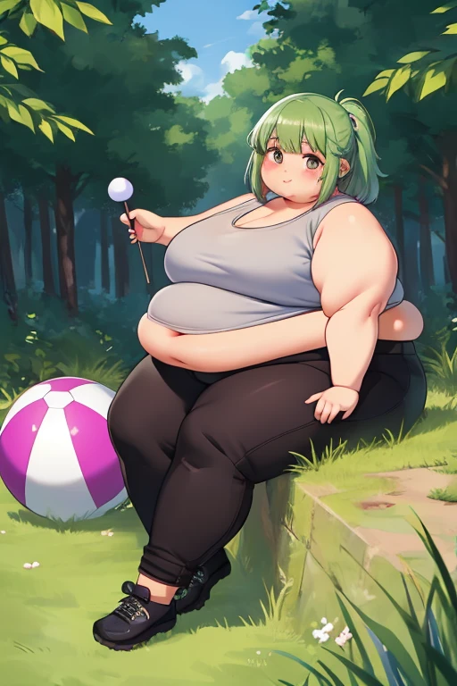 realistic portrait of fat cute African American  ((dark brown skin color)), obese babyg eyes, sitting playing with a ball, ((chibi)), ((ball)), ((grass)), wearing tank top, black pants and black shoes, big cheeks, cute and fat face, current fashion, kanekalon style hair, dark lighting background, close-up, product view, detailed facial details, perfect face, sharpness, trend art, sharp facial details, cgsociety, ultra high quality digital art, hyper details exquisite, 4k, 8k neon lighting, --iso 100 dreamy, fashion -