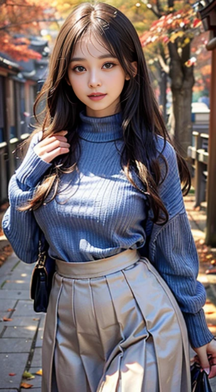 (8K high image quality), (top-quality), (RAW image quality),(masutepiece:1.2), (Realistic), (Photorealistic:1.37), Goose egg face,largeeyes,long eyelasher,Exquisite(Live-action realistic style),The Ultimate Face,Photorealistic light and shadow,Clear facial features,milky skin,Fair skin, highdetailskin,Realistic skin details,Visible Pore,(Super Detail),Hair length is random, (Flowing hair),Best portraits,Shot from a short distance, 1-girl, Cute,Beautiful detailed eyes, beautiful detailed nose, highlydetailed skin,Full body ,(eyecontact),(Colossal tits、Breast Abundance)、(Beautiful face with double eyelids), (Realism: 1.4),High image quality, excellent details, Ultra-high resolution, (Show your best smile to the audience), , favor details,,delicate and beautiful face,,20yr old,(Beautiful Face 1.4),A slender, (Blue knit sweater with turtleneck:1.2)、(Long pleated skirt:1.2),((At Horyuji Temple with an autumn atmosphere,Colored leaves)),The color of the skirt is random,,Show your smile,,Medium Hair,(I wear a long skirt),Specular reflection of autumn leaves