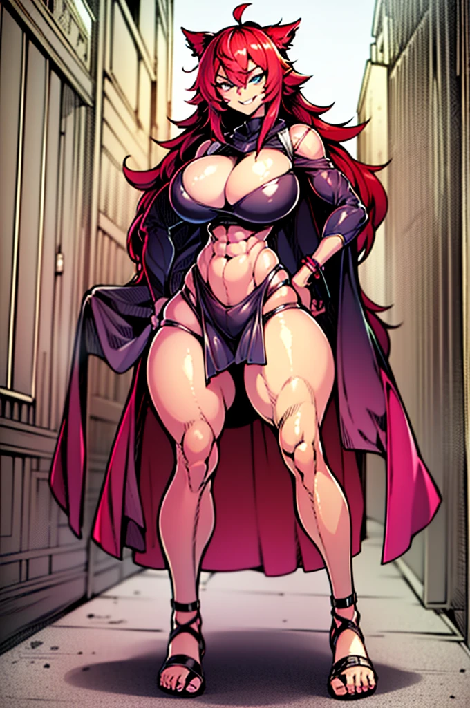 smug, musclegirl,, medium , full body, standing, cloak, red hair, blue eyes, flipflsmile,, long skirt,See-Through Dress, (wide hips:1.3), (big buttocks:1ick thighs:1.3), (small waist:1.3), (gigantic breasts:1.3)
