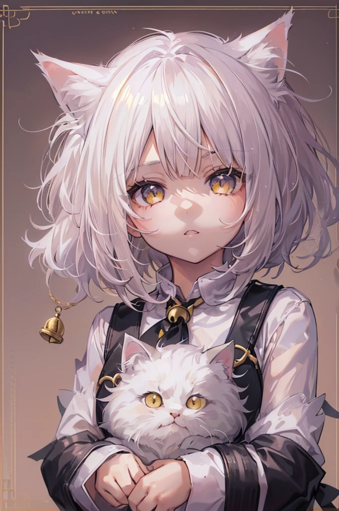 , smallst size, cat girl, cute face, round face, baby fat, d eyes, white hair, short hair, long bang, (long side bang, tied right side bang, bow on right side bang) messy hair, fluffy hair, white cat ears, white cat tails. (black leather cat collar, bell)