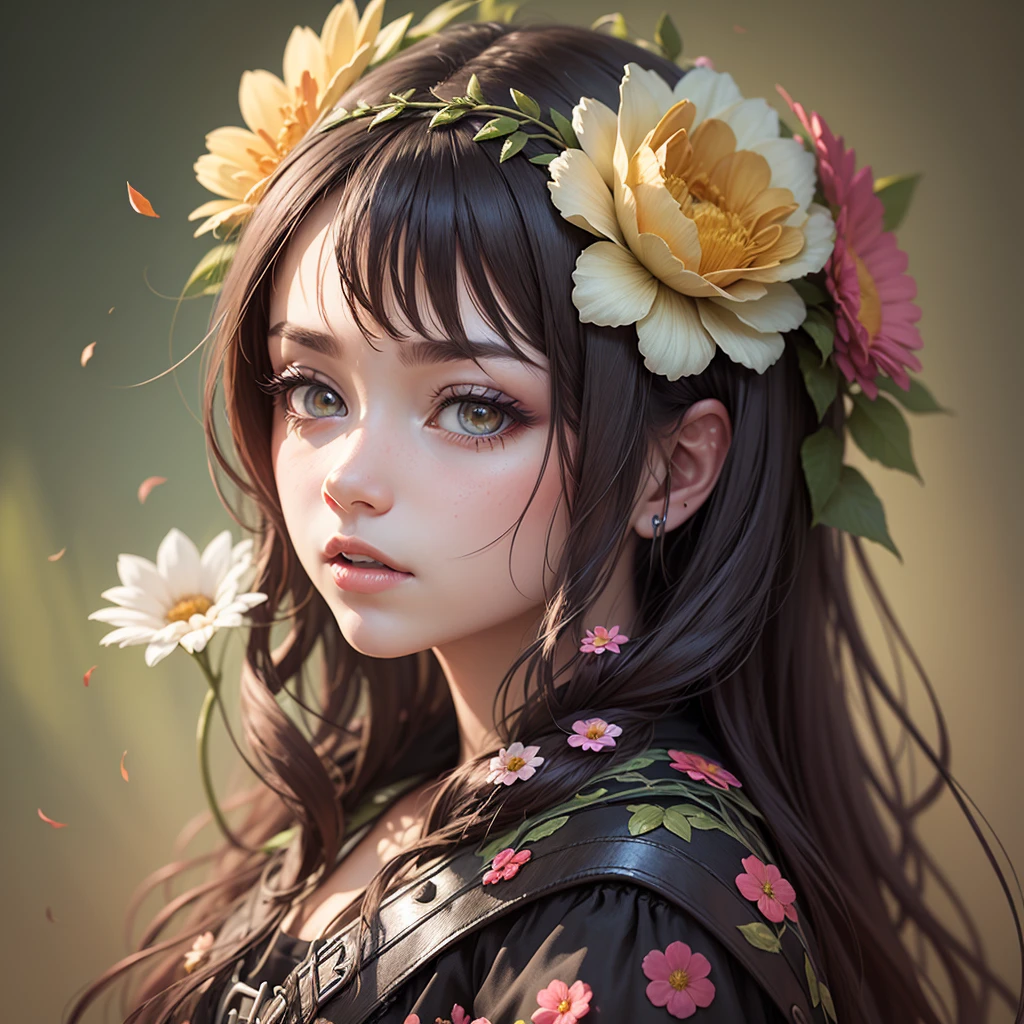 (high quality,ultra-detailed,photorealistic:1.37),hummingbird sips from woman's ear,painted portrait,delicate brush strokes,soft color palette,natural lighting,hummingbird's iridescent feathers,detailed woman's face,peaceful garden setting,floral backdrop,tiny droplets of nectar on hummingbird's beak,woman's serene expression,subtle hint of wind rustling through garden,beauty and tranquility,emphasize the delicate features of both the hummingbird and the woman,subtle play of sunlight and shadows,sparkling morning dew on flowers
