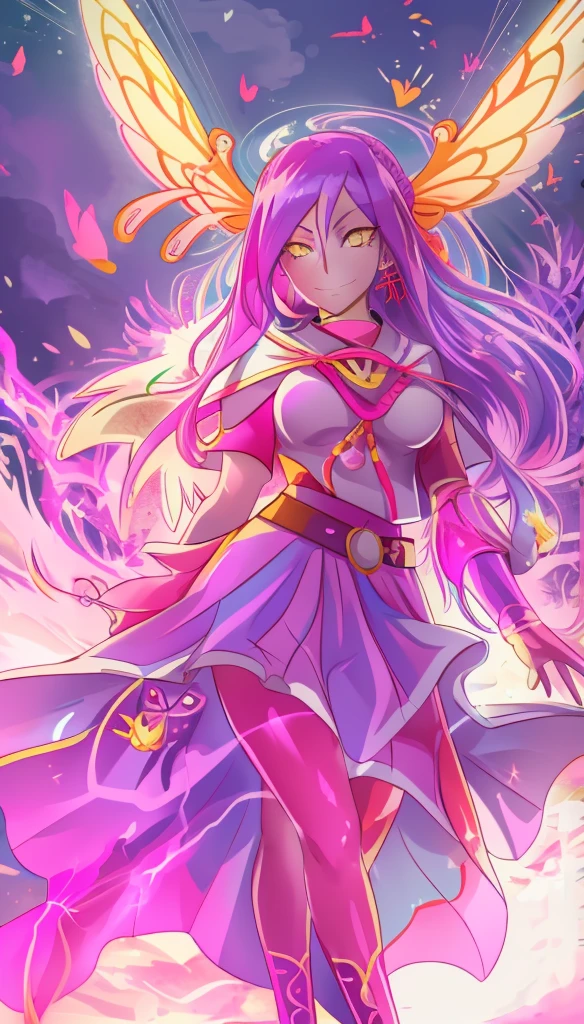 1girl, solo, looking at viewer, cowboy shot, hand arms full body,boots, standing,cute,breast, curvy, female,fantasy goddess,there is a cartoon picture of a woman with a very large breast, glowing divine being, glowing holy aura, inspired by Luma Rouge, the non-binary deity of spring, ethereal rainbow nimbus, the butterfly goddess of fire, inspired by Mariel, glowing aura around her, astral wind, as the goddess of the saturn, “uwu the prismatic person, big breast, serious, beautiful eyes, , full body, walking, long robe, long dress, ,priestess ,holy, smile, god rays, ray tracing, sparkle, cinematic lighting, UHD, retina, masterpiece, ccurate, anatomically correct, textured skin, super detail, high details, high quality, award winning, best quality, highres, 1080P, HD, 4K, thunder aura, light aura,full, snak staff,closed mouth,#anime #character #re:creators #magane chikujoin Trigger Words: chikujoin magane sharp teeth single braid school uniform serafuku pleated skirt thighhighs gloves earrings Version No.:, long skirt, sharpteeth smile