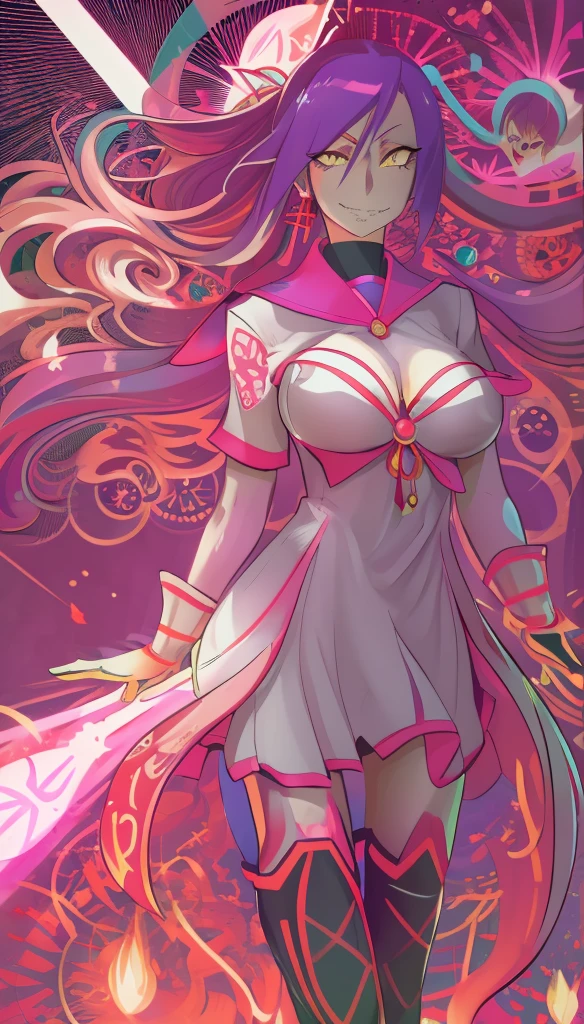 1girl, solo, looking at viewer, cowboy shot, hand arms full body,boots, standing,cute,breast, curvy, female,fantasy goddess,there is a cartoon picture of a woman with a very large breast, glowing divine being, glowing holy aura, inspired by Luma Rouge, the non-binary deity of spring, ethereal rainbow nimbus, the butterfly goddess of fire, inspired by Mariel, glowing aura around her, astral wind, as the goddess of the saturn, “uwu the prismatic person, big breast, serious, beautiful eyes, , full body, walking, long robe, long dress, ,priestess ,holy, smile, god rays, ray tracing, sparkle, cinematic lighting, UHD, retina, masterpiece, ccurate, anatomically correct, textured skin, super detail, high details, high quality, award winning, best quality, highres, 1080P, HD, 4K, thunder aura, light aura,full, snak staff,closed mouth,#anime #character #re:creators #magane chikujoin Trigger Words: chikujoin magane sharp teeth single braid school uniform serafuku pleated skirt thighhighs gloves earrings Version No.:, long skirt, sharpteeth smile