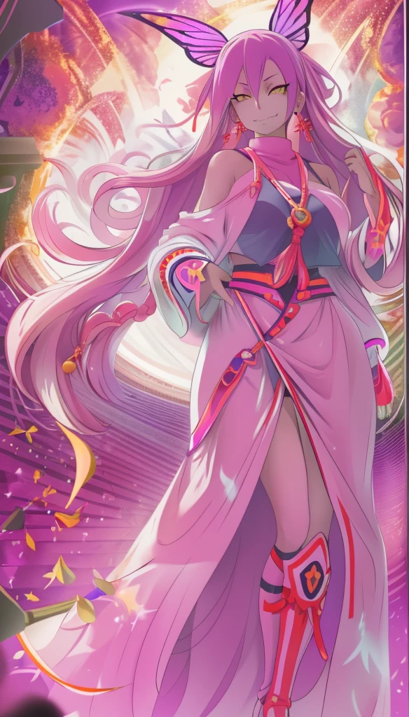 1girl, solo, looking at viewer, cowboy shot, hand arms full body,boots, standing,cute,breast, curvy, female,fantasy goddess,there is a cartoon picture of a woman with a very large breast, glowing divine being, glowing holy aura, inspired by Luma Rouge, the non-binary deity of spring, ethereal rainbow nimbus, the butterfly goddess of fire, inspired by Mariel, glowing aura around her, astral wind, as the goddess of the saturn, “uwu the prismatic person, big breast, serious, beautiful eyes, , full body, walking, long robe, long dress, ,priestess ,holy, smile, god rays, ray tracing, sparkle, cinematic lighting, UHD, retina, masterpiece, ccurate, anatomically correct, textured skin, super detail, high details, high quality, award winning, best quality, highres, 1080P, HD, 4K, thunder aura, light aura,full, snak staff,closed mouth,#anime #character #re:creators #magane chikujoin Trigger Words: chikujoin magane sharp teeth single braid school uniform serafuku pleated skirt thighhighs gloves earrings Version No.:, long skirt, sharpteeth smile