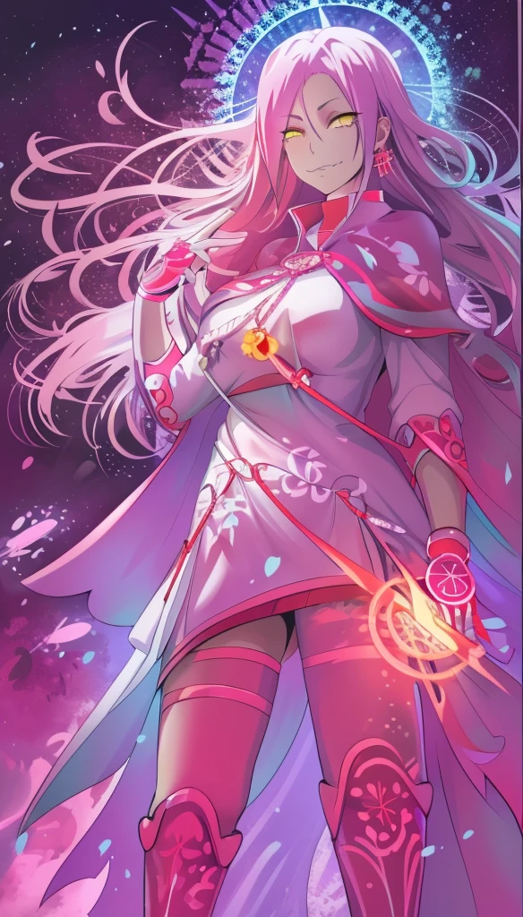 1girl, solo, looking at viewer, cowboy shot, hand arms full body,boots, standing,cute,breast, curvy, female,fantasy goddess,there is a cartoon picture of a woman with a very large breast, glowing divine being, glowing holy aura, inspired by Luma Rouge, the non-binary deity of spring, ethereal rainbow nimbus, the butterfly goddess of fire, inspired by Mariel, glowing aura around her, astral wind, as the goddess of the saturn, “uwu the prismatic person, big breast, serious, beautiful eyes, , full body, walking, long robe, long dress, ,priestess ,holy, smile, god rays, ray tracing, sparkle, cinematic lighting, UHD, retina, masterpiece, ccurate, anatomically correct, textured skin, super detail, high details, high quality, award winning, best quality, highres, 1080P, HD, 4K, thunder aura, light aura,full, snak staff,closed mouth,#anime #character #re:creators #magane chikujoin Trigger Words: chikujoin magane sharp teeth single braid school uniform serafuku pleated skirt thighhighs gloves earrings Version No.:, long skirt, sharpteeth smile