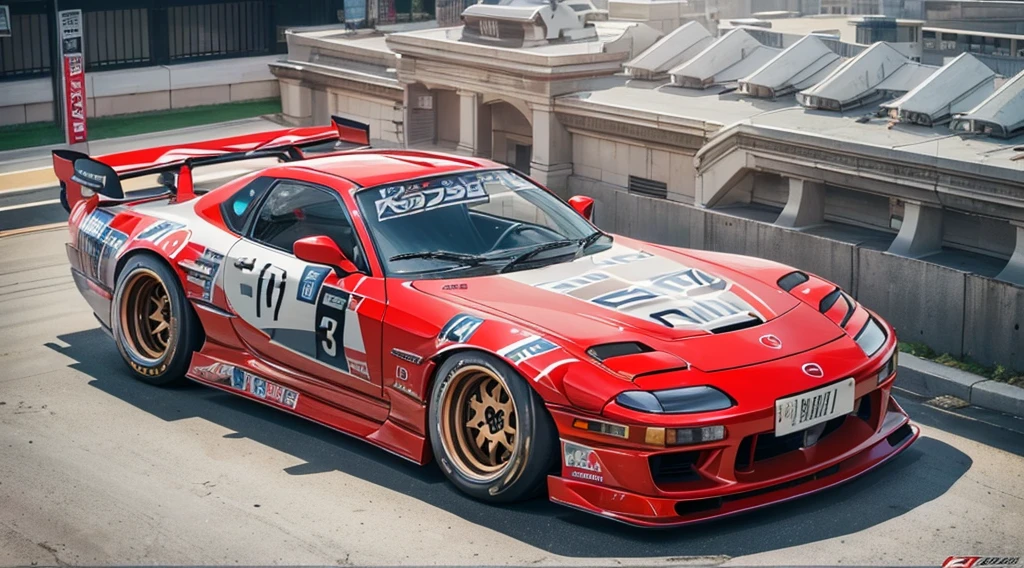 Mazda RX-7, FC-3ｓ, Red body, GT wing, wide body，TOKYOcty, (The capital is high:1.5), drift, top-quality, unparalleled masterpiece ever, Ultra-realistic 8KCG, erfect artwork, Feeling of sprinting,