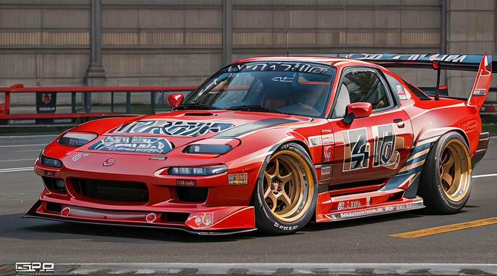 Mazda RX-7, FC-3s, Red body, GT wing, wide body,TOKYOcty, (The capital is high:1.5), drift, top-quality, unparalleled masterpiece ever, Ultra-realistic 8KCG, erfect artwork, Feeling of sprinting,