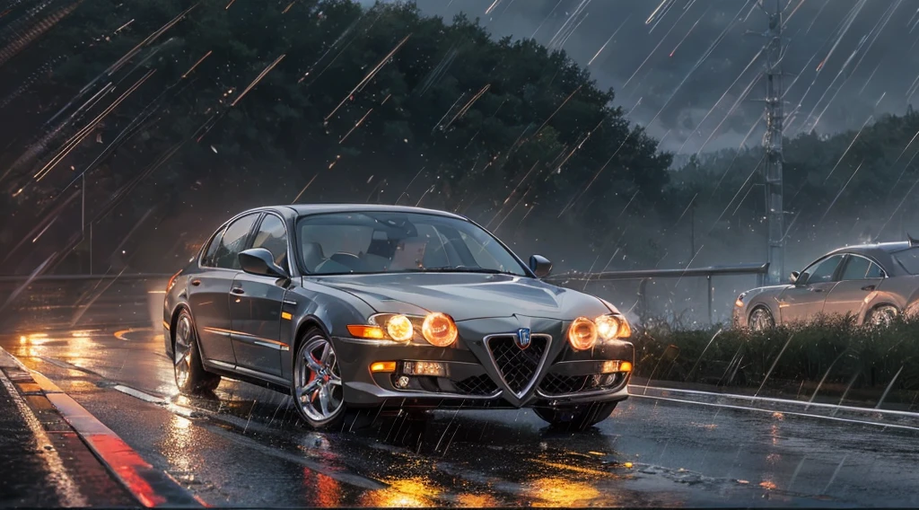 Alfa-Romeo, Luxury sedans, Julia, rainy evening, (Highway:1.2), Running alone, top-quality, unparalleled masterpiece ever, Ultra-realistic 8KCG, erfect artwork, Feeling of sprinting,